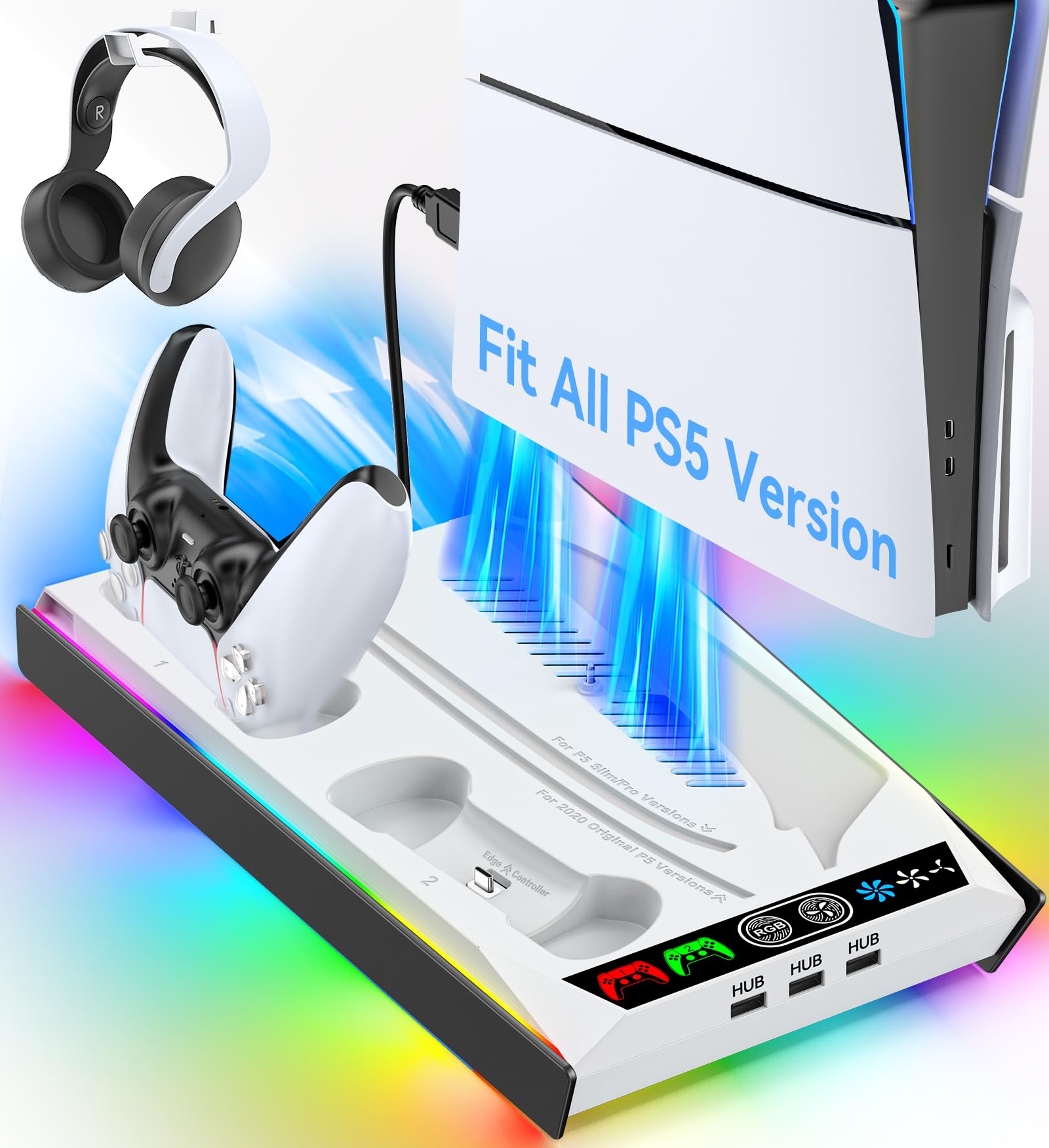 Rysker PS-5/Slim/Pro Stand for Disc & Digital Version, PS-5 Cooling Station with RGB Ambient Lighting, Controller Charger Built-in 3 Level Fan, PS-5 Cooling Stand with 3 USB Ports