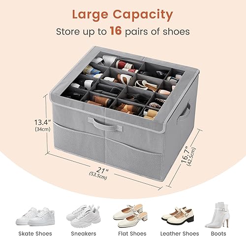 Miniatura 2 de PHINOX Organizador de zapatos para armario, se adapta a hasta 16 pares, contenedores de almacenamiento de zapatos con cubierta transparente y asas