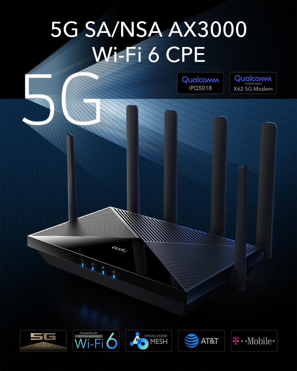 Cudy P5 5G AX3000 WiFi 6 CPE Router, Dual SIM 5G, Qualcomm Chipset, MU-MIMO, Antenne Staccabili, Blocco Banda, VPN, Zerotier, Cloudflare