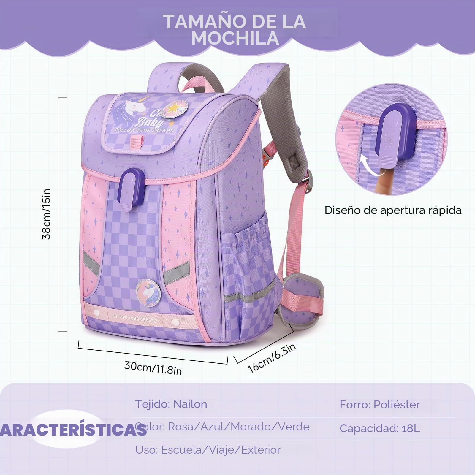 Amythe Mochila Ergonómica Niña 1°-5° Primaria Correa Pecho | Mochila Escolar Niños 6-10 Años Cinturón Desmontable Reflectante 24L Morado