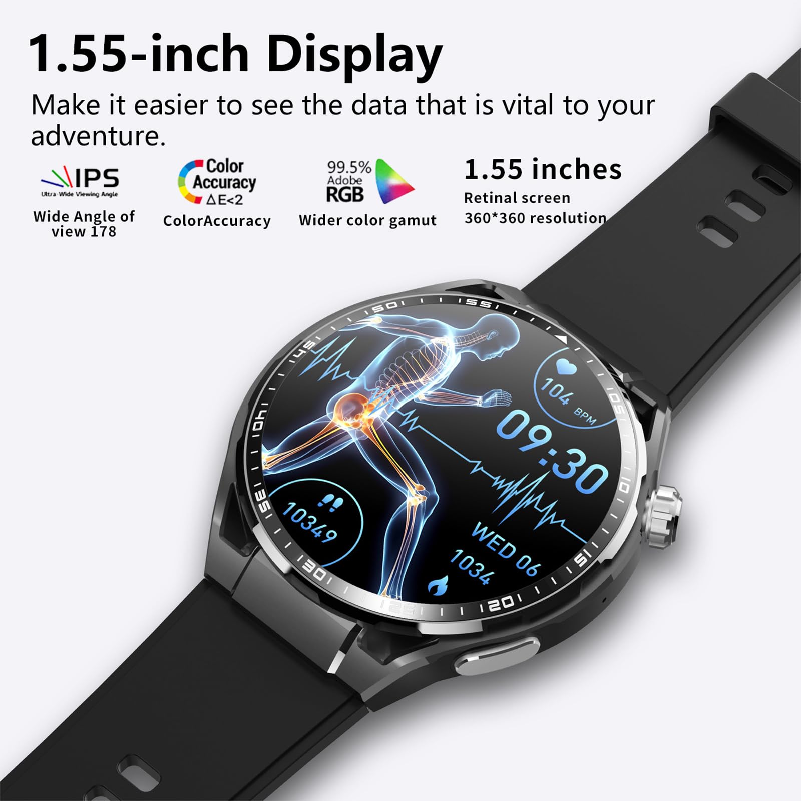 Smartwatch Dla Mężczyzn 1,55 "ekran HD Połączenia Bluetooth Tracker Fitness Monitorowanie Zdrowia IP67 Wodoodporny Krokomierz Dla IOS/Android,E