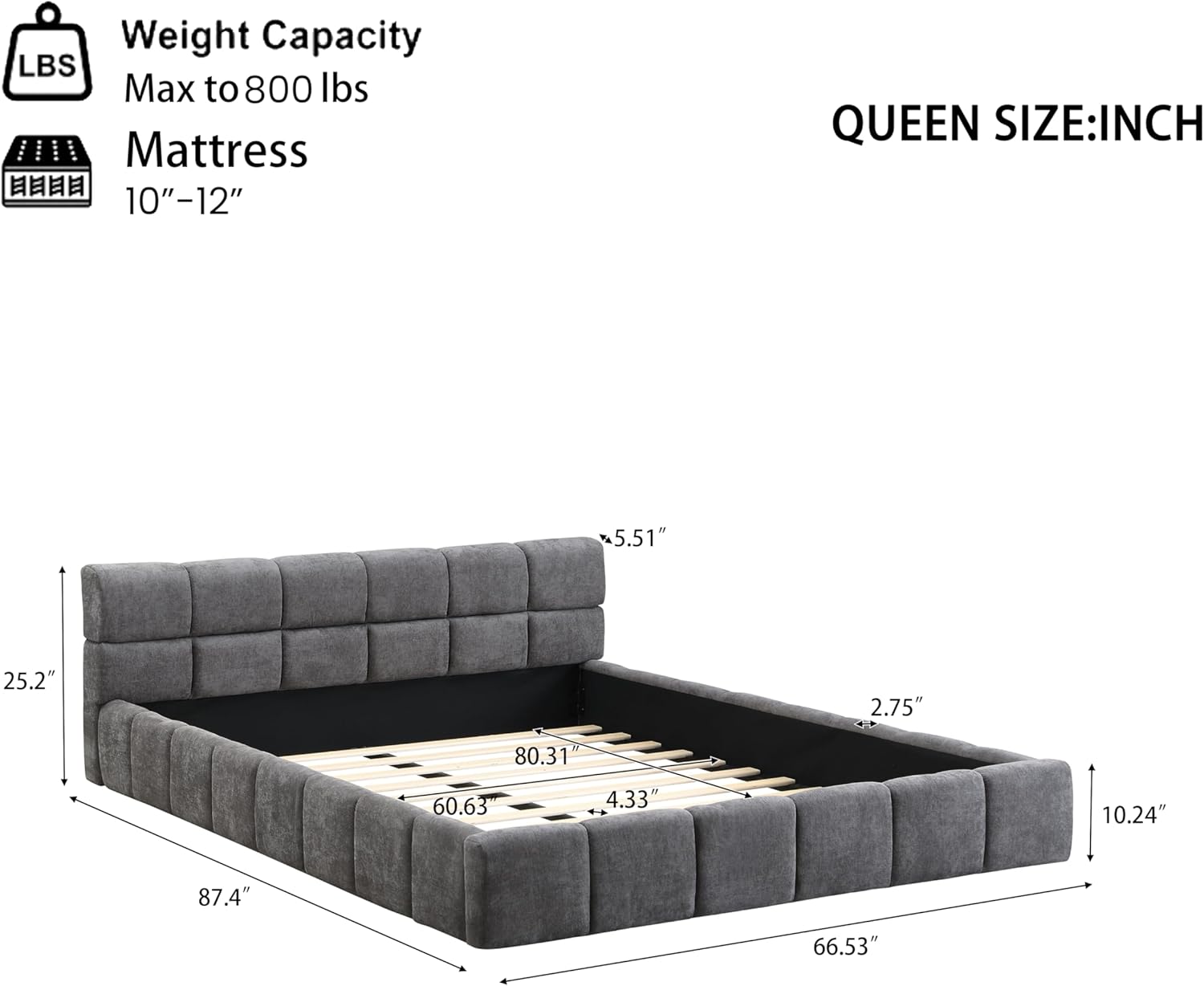 Elegant Chenille Upholstered Bed with Checkerboard Design, Queen, Grey
