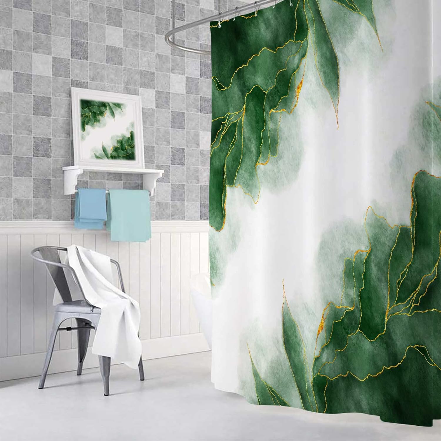 MERCHR Green and Gold Marble Shower Curtain, Dark Emerald Sage Hunter Olive Green Fabric Shower Curtains Set for Bathroom, Modern Golden White Restroom Decor Accessories with Hooks 72X84 Inch