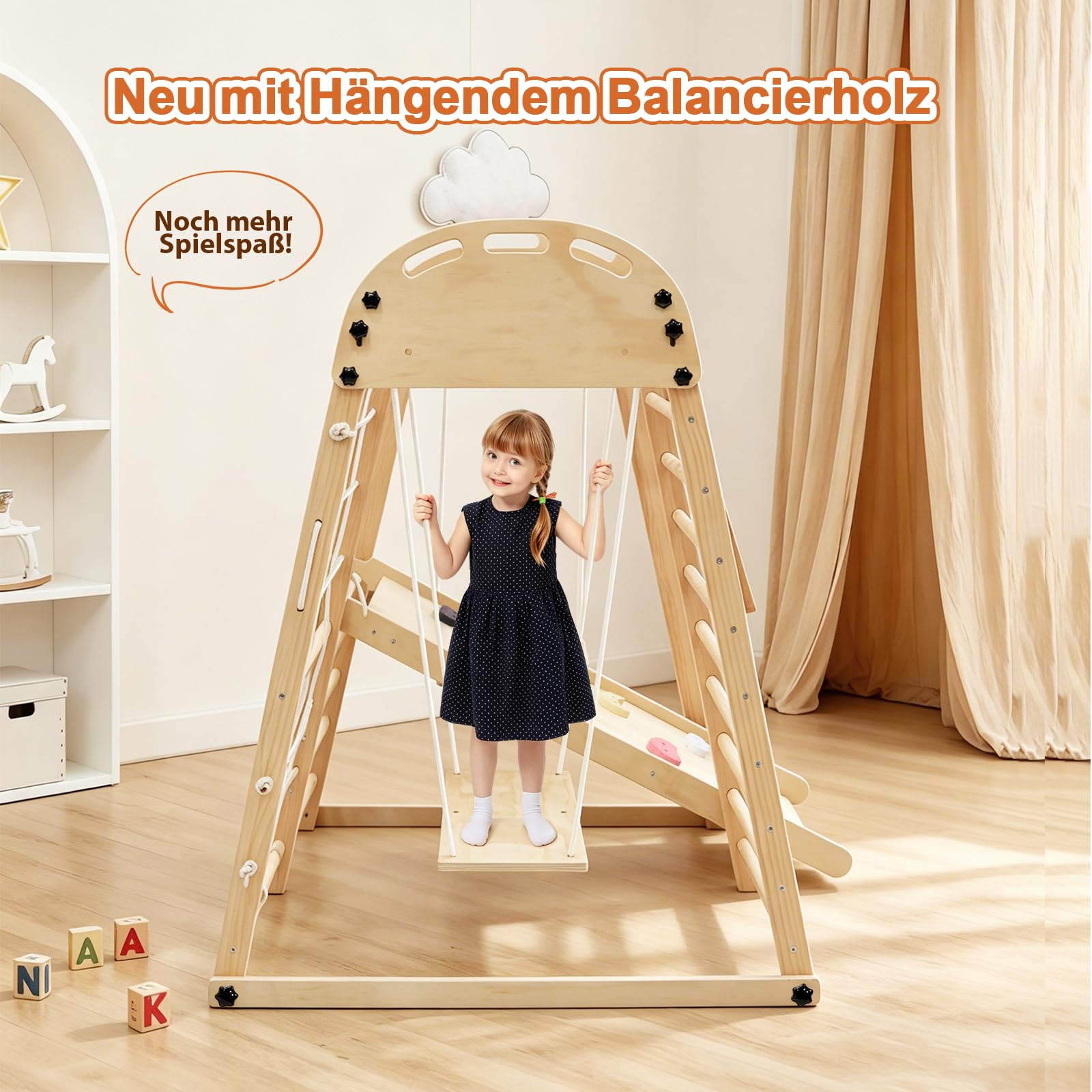 Klettergerüst Indoor ab 1 Jahr Mini&Klappbar 10 in 1 Montessori Indoor Spielplatz Kinder – Kletterturm aus Holz mit Tafel, Rutsche, Kletterwand, Kletternetz, Schaukel & Schwebendes Balancierholz