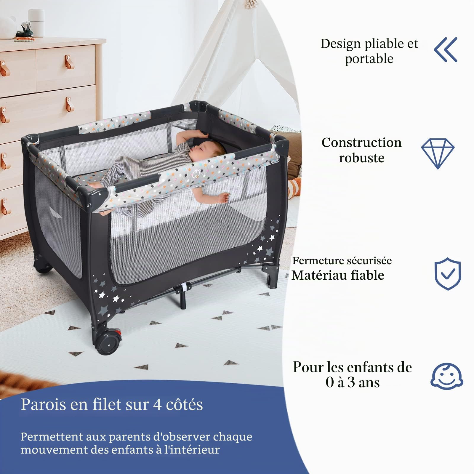 LIFEZEAL Lit Bébé 3 en 1 Pliable, Parapluie Bébé avec Matelas, 0-36 Mois, Superposé Amovible, 2 Roues Verrouillables, Voyage avec Sac de Rangement, Gris