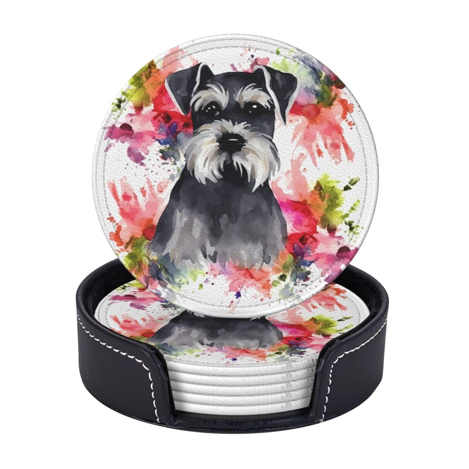 Round Coasters for Drinks Set of 6 - PU Leather Coasters with Holder - Modern Drink Coasters for Coffee Table - Schnauzer Coaster for Tabletop Protection 4" Cup Mat Pad