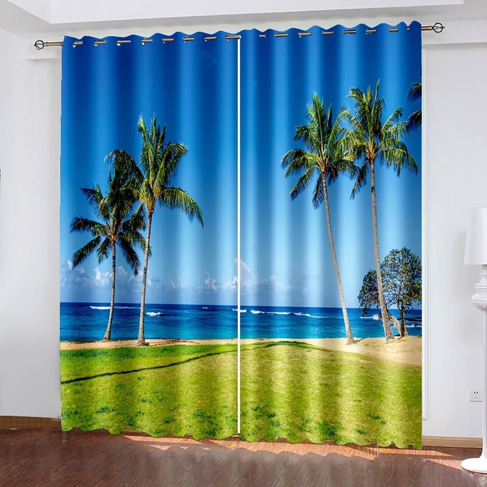Tende Soggiorno Occhielli,2 x 86W x 160H CM,Tenda Stanzetta Oscurante 2 Pannelli Paesaggio di Palma Spiaggia Tenda Blu Verde da Cucina