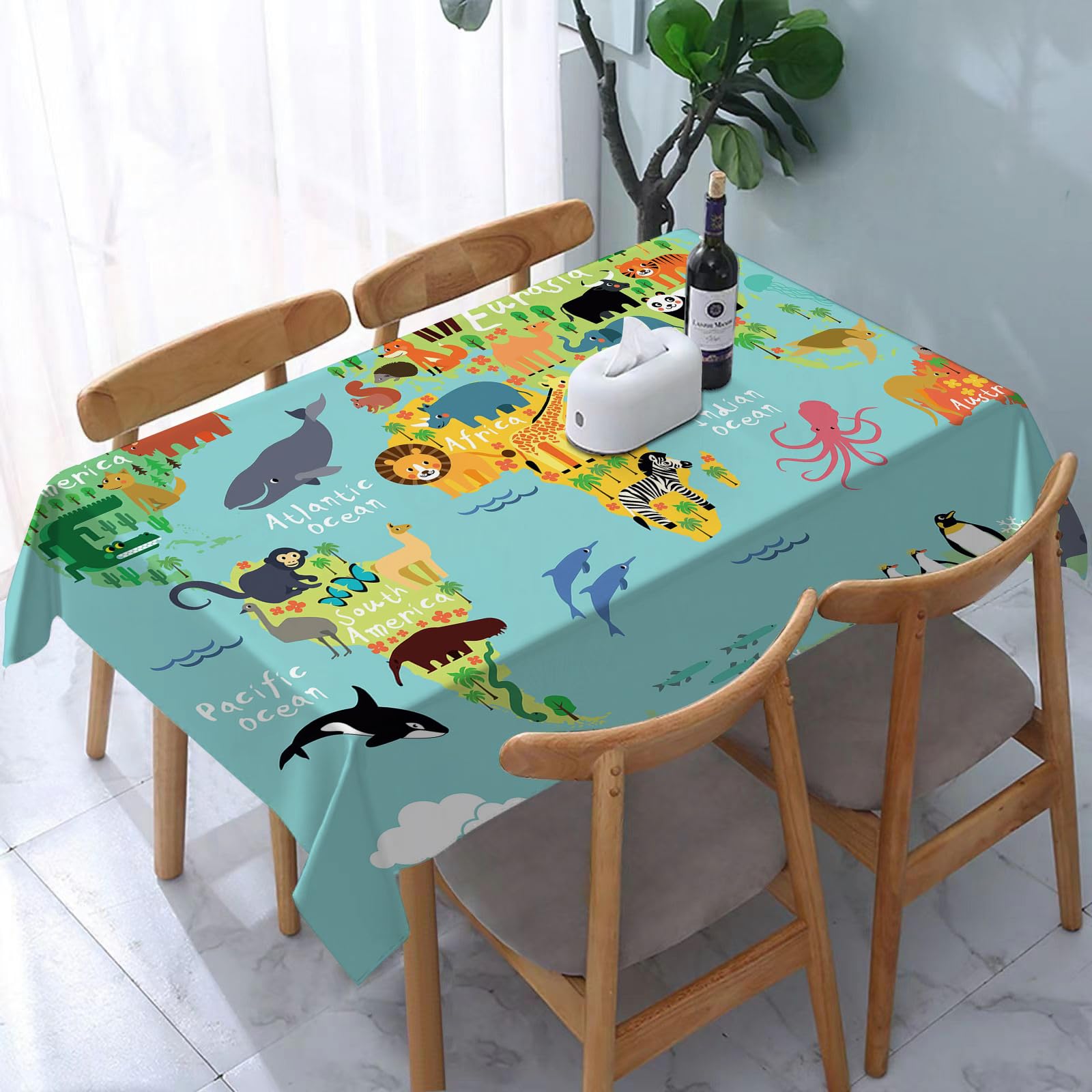 Yoiue Animal Children's World Map - A6 Tablecloth,Table Cloth For Rectangle,Animal Children's World Map,Wrinkle Resistant Decorative Table Cover For Kitchen Dining Parties Picnic 54 X 72 In
