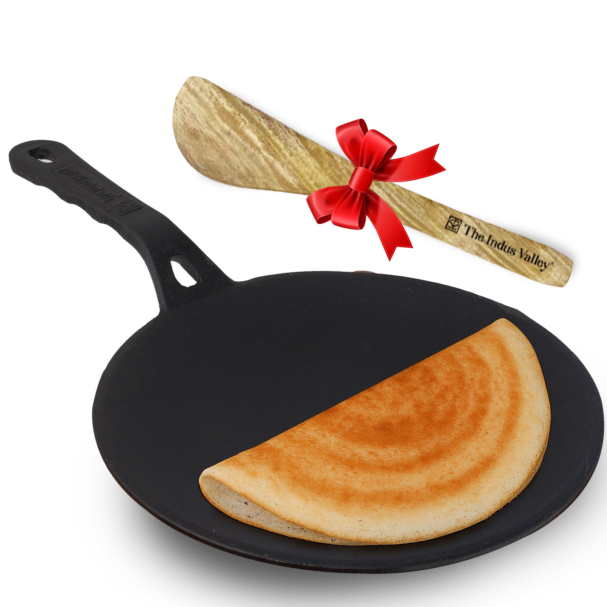 The Indus Valley Pre-Seasoned Cast Iron Concave Dosa Tawa + Free Wooden flip | 25.4cm/10 inch, 1.9kg | Gas Stove Compatible | Naturally Nonstick, 100% Pure & Toxin-Free, No Chemical Coating