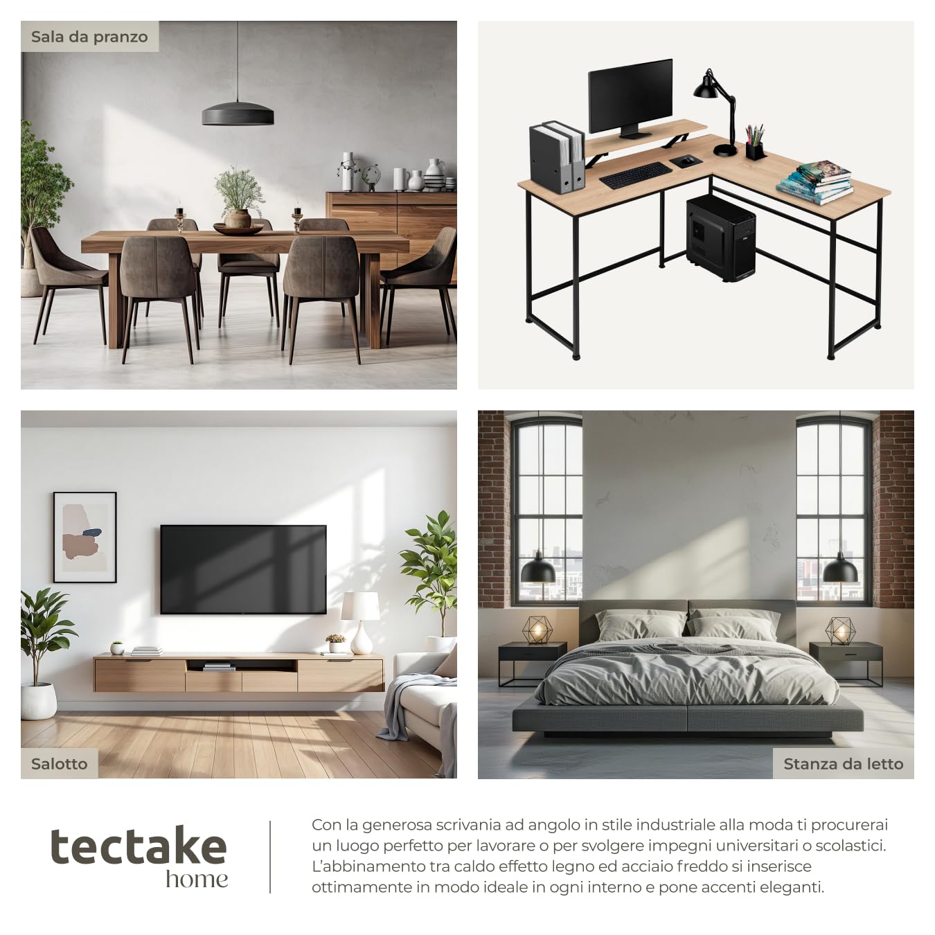 tectake® Scrivania angolare 140x130x76,5 cm, Scrivania Gaming Casa e Ufficio, Ideale Computer Portatile o Computer Fisso, Ripiano rialzato per Monitor, Scrivanie Stile Industriale - Legno Chiaro