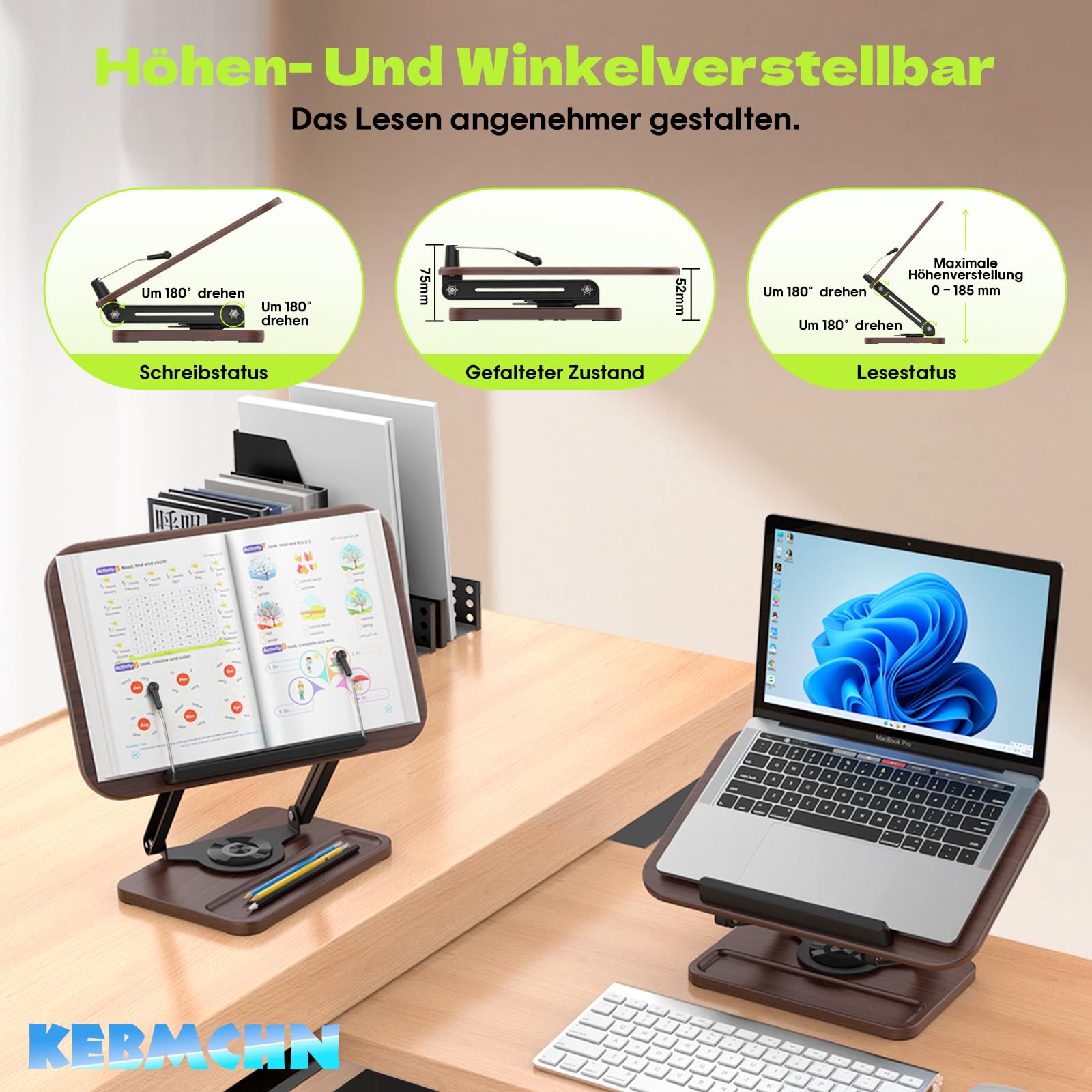 Support de Lecture en Bois, Base Pivotante 360°, Hauteur Réglable | Porte-Livre pour Livres de Cuisine, Manuels Scolaires, Ordinateur Portable, Partitions Musicales