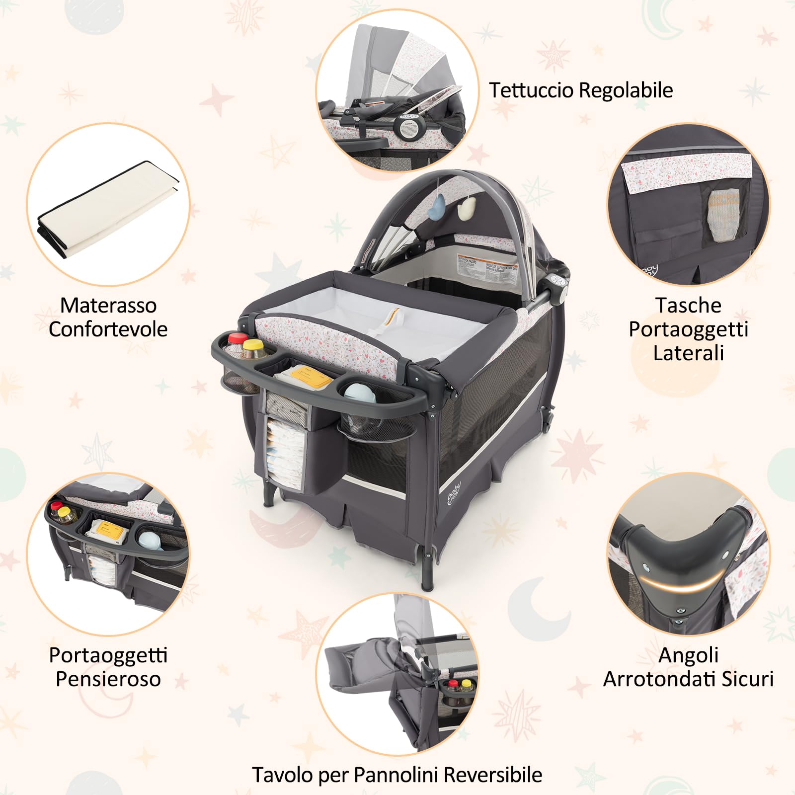 GYMAX Lettino Pieghevole con Baldacchino Regolabile, Box per Bambini 0-3 Anni, Carillon Musicale, Ruote Bloccabili, Lettino da Viaggio con Culla, Fasciatoio, Materasso e Borsa da Trasporto (Marrone)