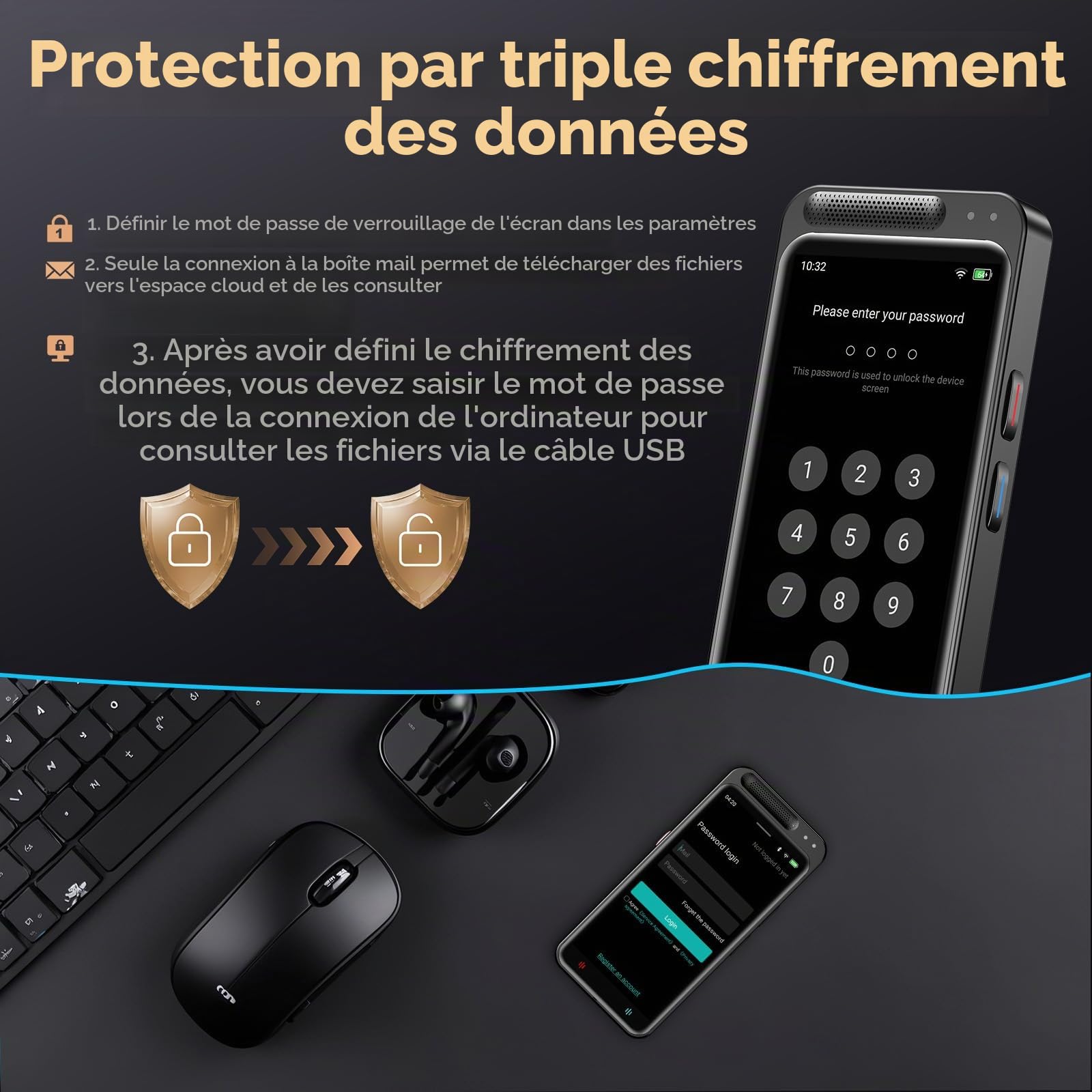 Dictaphone numérique avec fonction d'écriture IA et résumé, traduction en ligne, travail hors ligne de 134 langues, enregistreur vocal AI 80 Go pour conférences, réunions