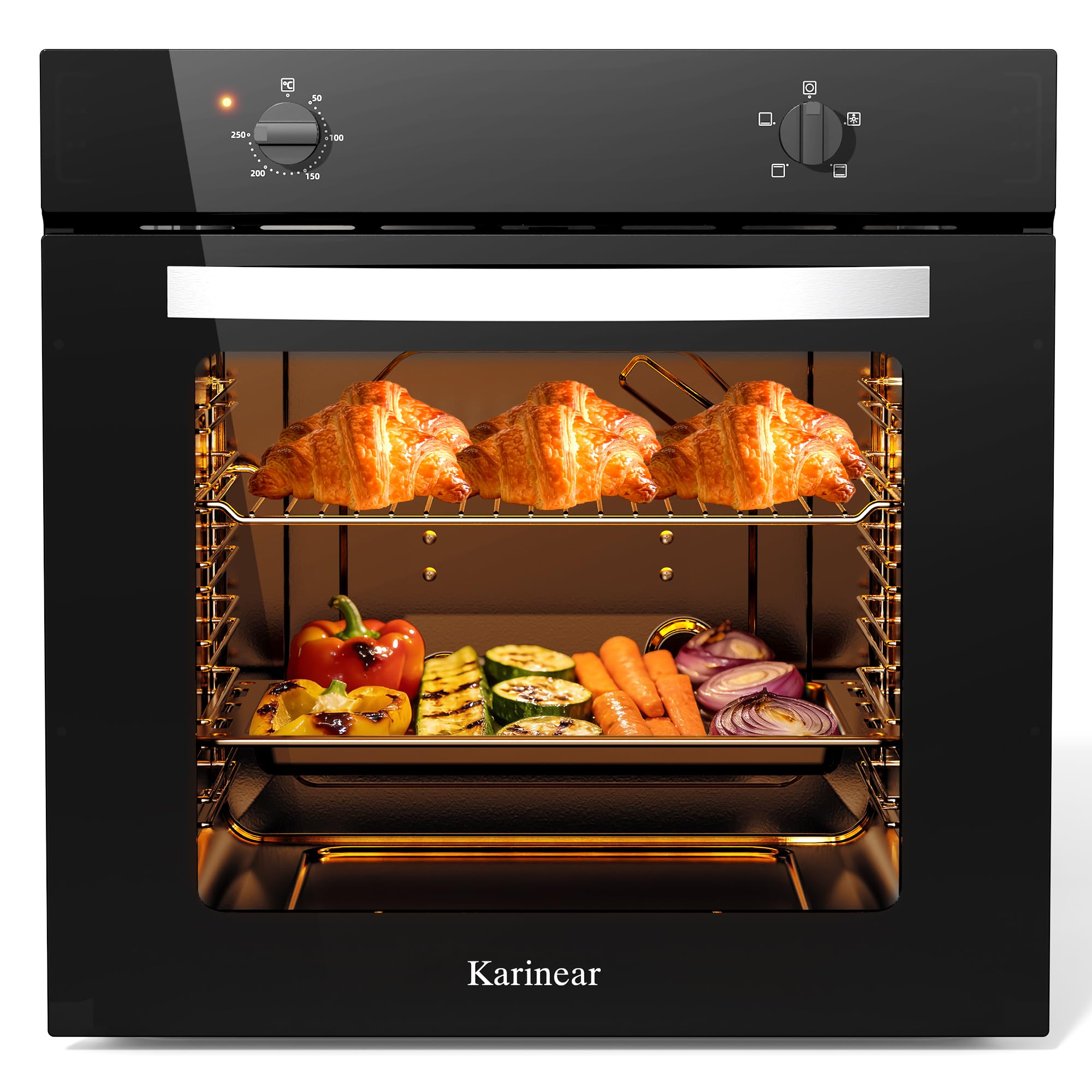 Karinear Einbaubackofen 60 cm 65L mit Stecker, 4 Programme, 2000W, Schwarz | 65L Einbaubackofen mit Stecker, 4 Programmen, 2000W Schnellheizung und einfacher Knopfsteuerung, 50–250°C Temperatur