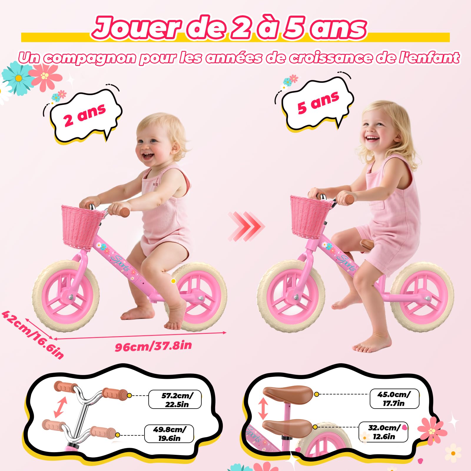 HappyGoLucky Draisienne 2-5 Ans, Draisienne Evolutive – Roues Lumineuses/Hauteur Réglable/Panier Tressé, Jouet Cadeau Fille 2-5 Ans Cadeau Anniversaire Jouet Exterieur