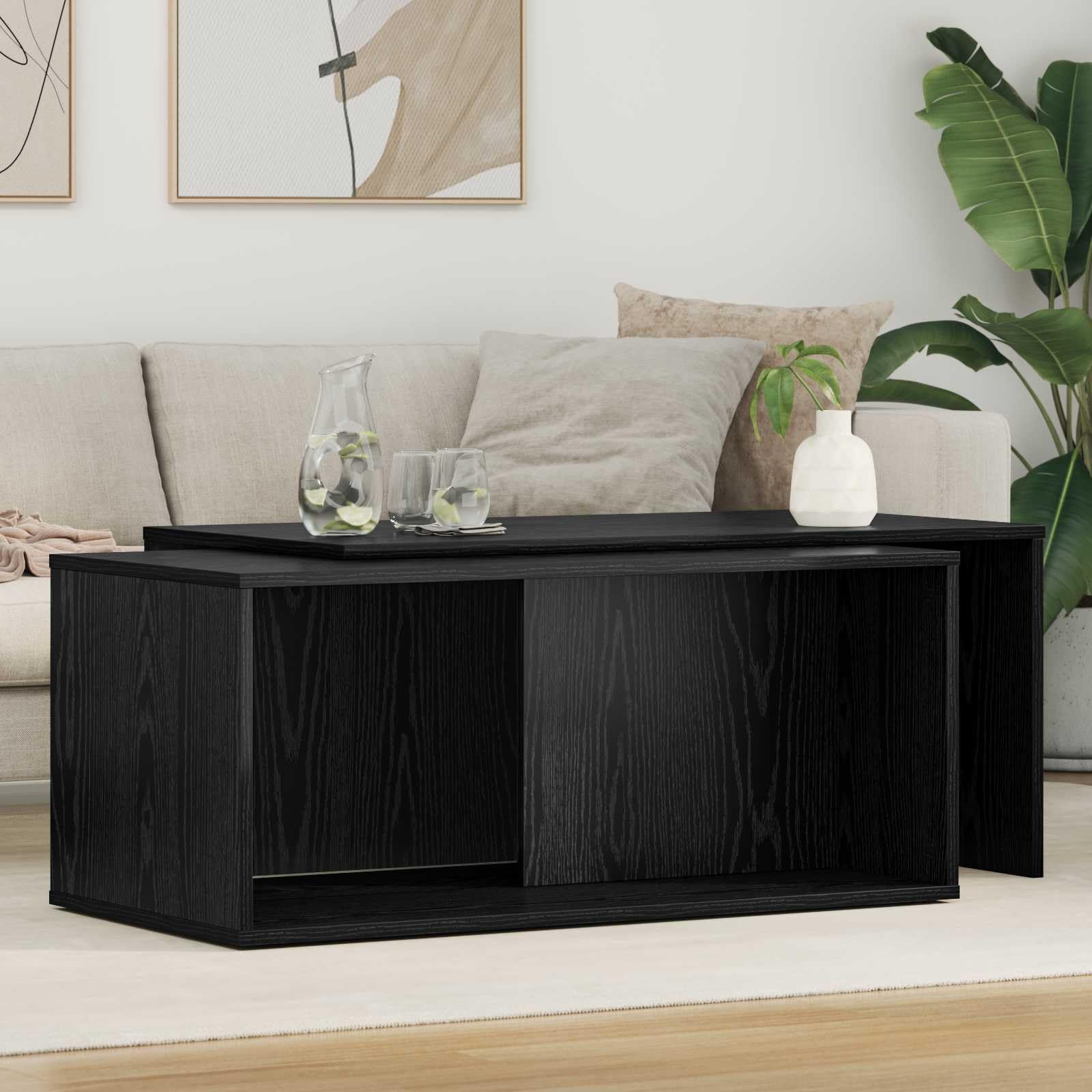 Set di 2 tavolini da caffè in legno effetto rovere, colore nero | Tavolini rettangolari per il soggiorno, posizionabili in modo flessibile e facile da pulire, con superficie stabile.