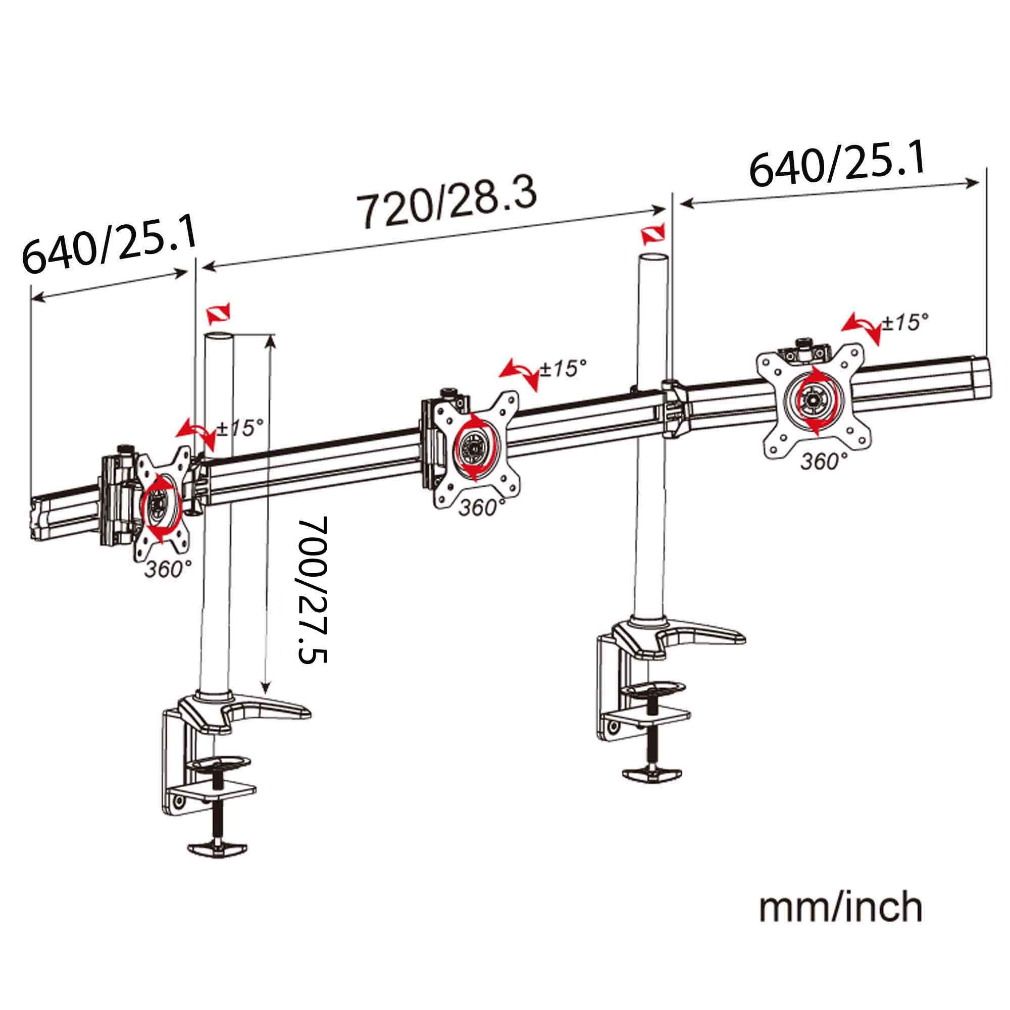 HFTEK Support de Bureau Table pour 3 Trois moniteurs de 15" à 34" avec VESA 75/100 (MP230C-XL)