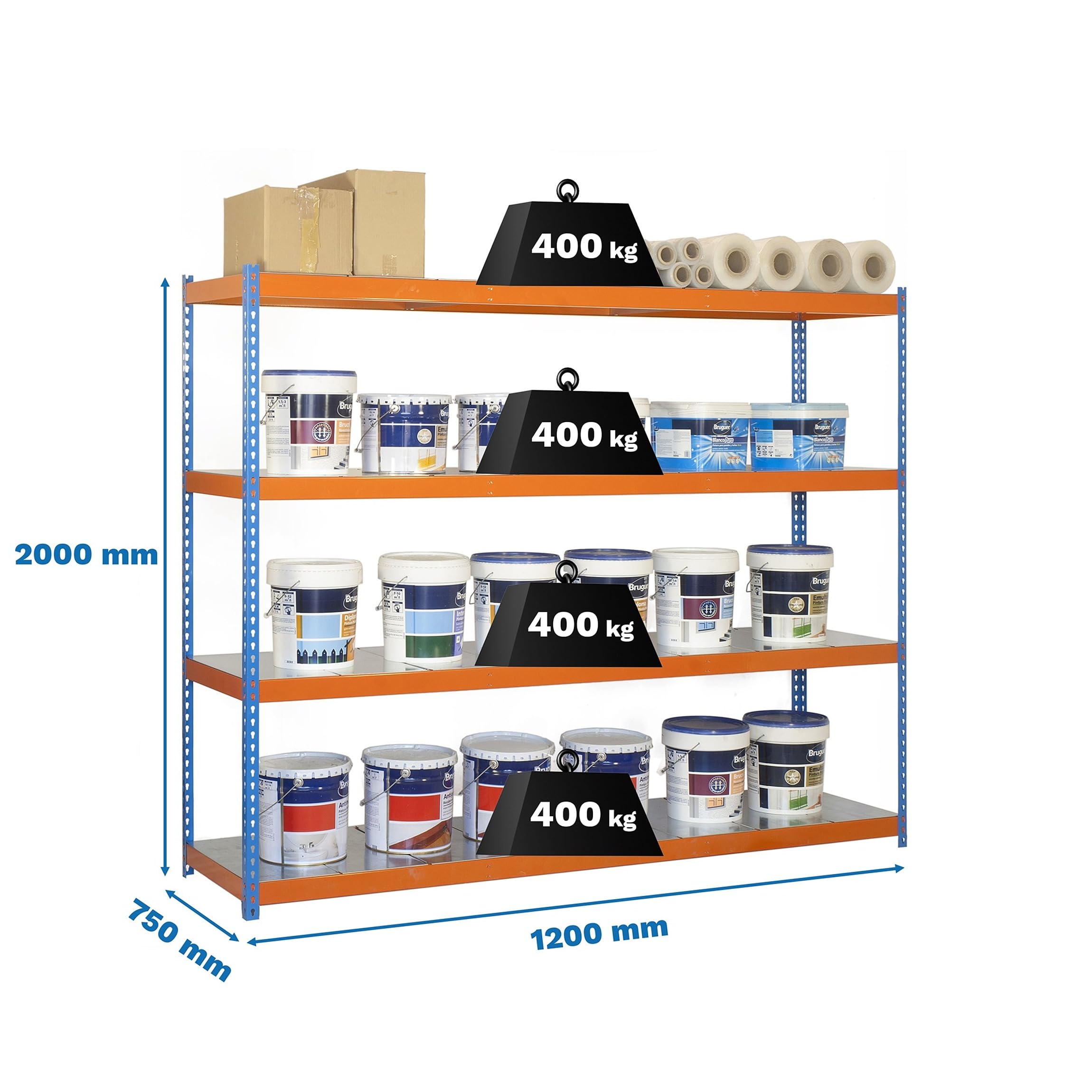 SimonRack Estantería Metálica Almacenaje, Sin Tornillos, 4 Baldas, Alta Capacidad Carga 400 kg, 2000x1200x750 mm, Estantería Taller Garaje Trastero, Azul/Naranja/Galva