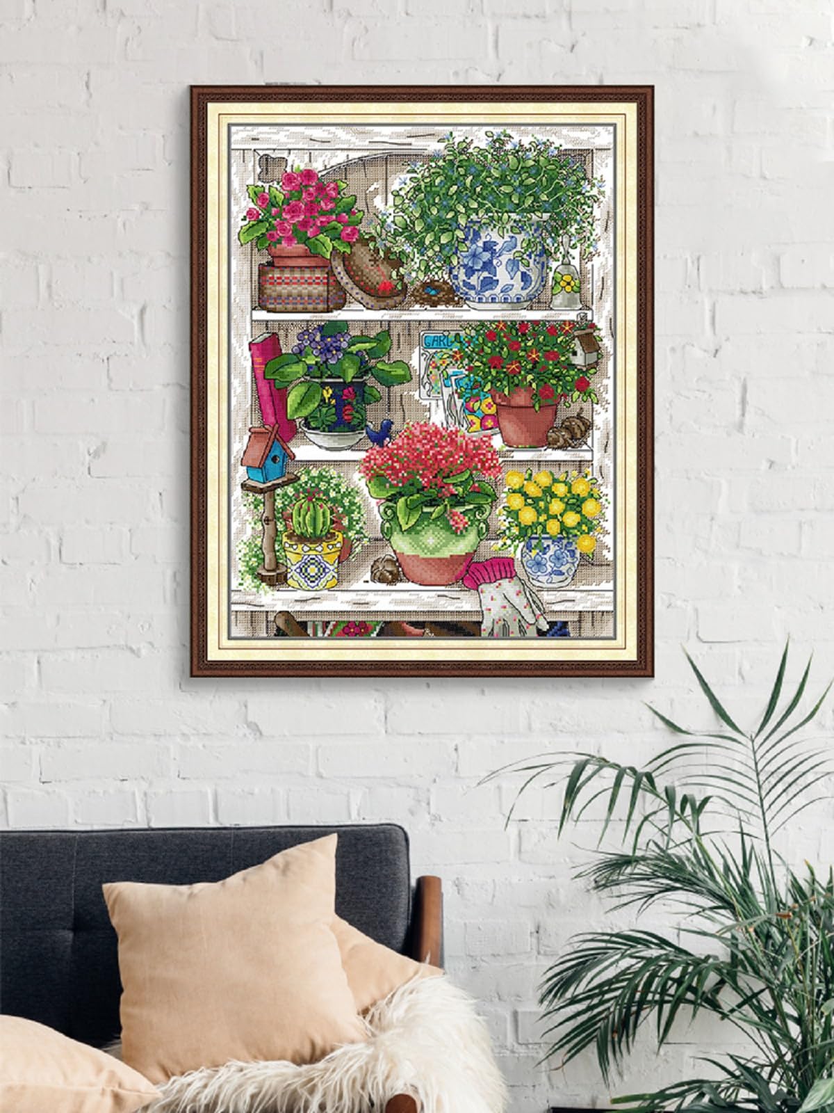 Aiorkeng Cross Stitch Kits Stamped Full Range of Embroidery Starter Kits for Adults Beginners DIY Needlepoint Kit 14CT 2 Strands -Printed kit Flower Shelf (Printed) 13.4×17.3 inches