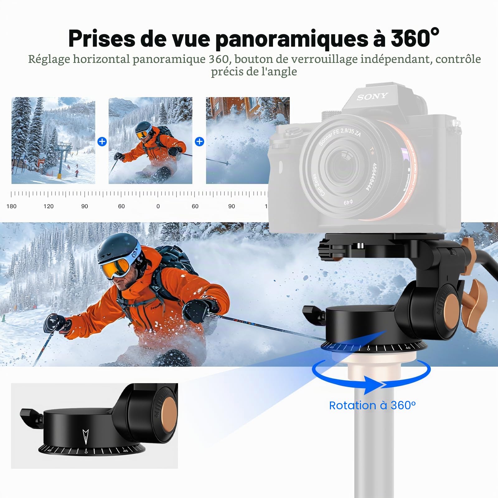 Soonpho Tête Panoramique à Trépied en Alliage Aluminium avec Vis de 1/4" et 3/8", pour DSLR Caméscopes Vidéo Trépied Monopode Supports d'éclairage et curseurs de caméra, Charge jusqu'à 18 kilogrammes