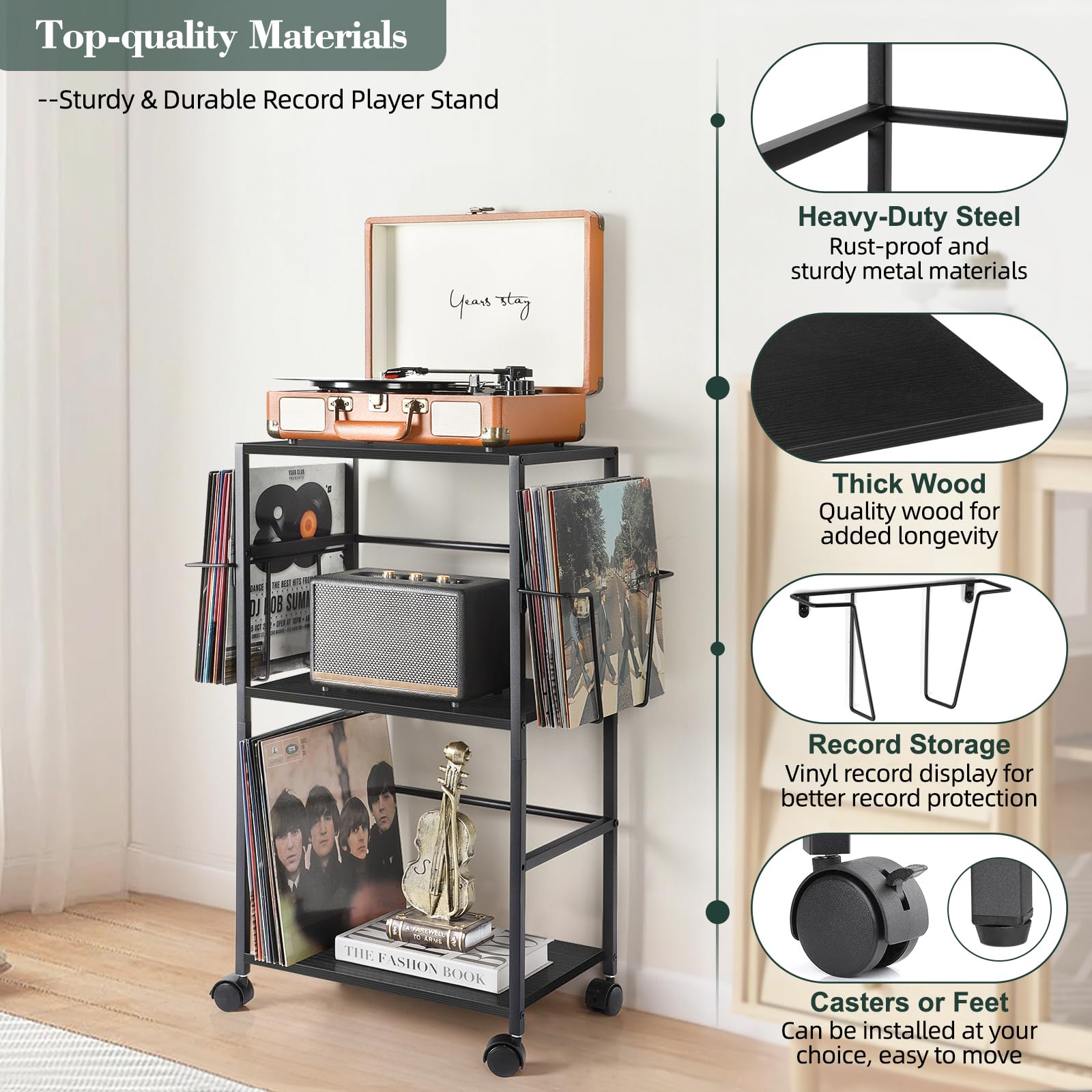 Bikoney Mobile Giradischi con 2 Espositori per Vinili e Tavolino Laterale – Supporto per Giradischi e Contenitore per Fino a 150 Dischi in Vinile per Soggiorno o Camera da Letto – Nero | Tavolino girevole con 2 ripiani espositori, facile accesso ai LP, ru