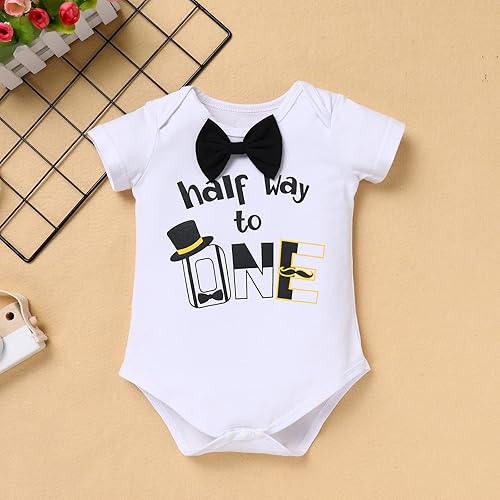 Miniatura 2 de IDOPIP My 12 Birthday Boy Outfit Baby Boy Half Way to One Cake Smash Photo Prop Mameluco con tirantes y diadema