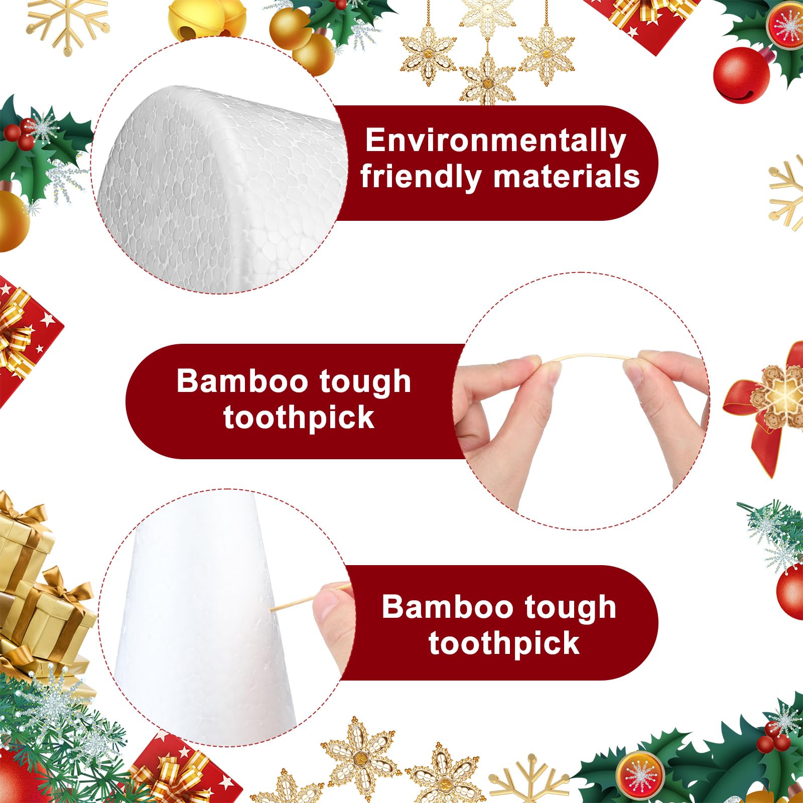 904 Stück Schaumstoffkegel zum Basteln mit 900 Zahnstochern aus Bambusholz, 4 Weihnachtsbaum-Schaumstoffkegel, Bastelbedarf, Kegel zum Basteln für Party, Snacks, Zuhause
