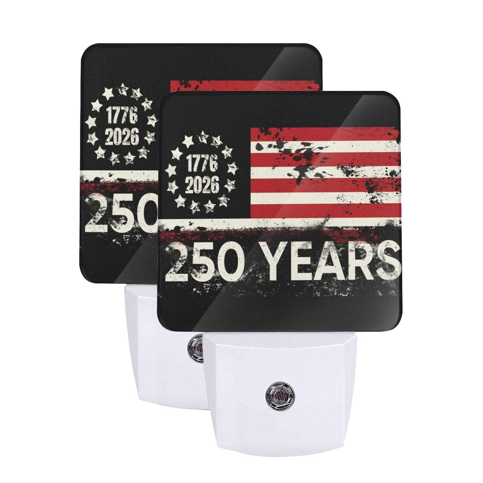250th American Flag Night Light Set of 2, 250 Years Anniversary Auto Sensor LED Dusk-to-Dawn Nightlights, Plug-in Sensor Lamp for Bedroom Kitchen Hallway Stairs Decorative