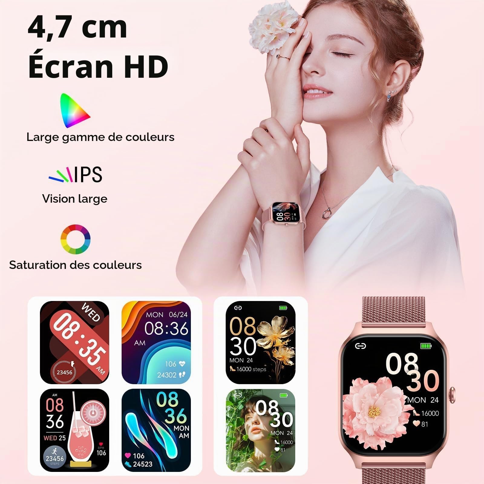 CASCHO Montre Connectée Femme avec Appel Bluetooth, 1.85" HD Smartwatch Femme avec Fréquence Cardiaque/Sommeil/SpO2, 120+ Modes Sportifs, IP68 étanche, Fitness Tracker Watch pour Android iOS-Or Rose