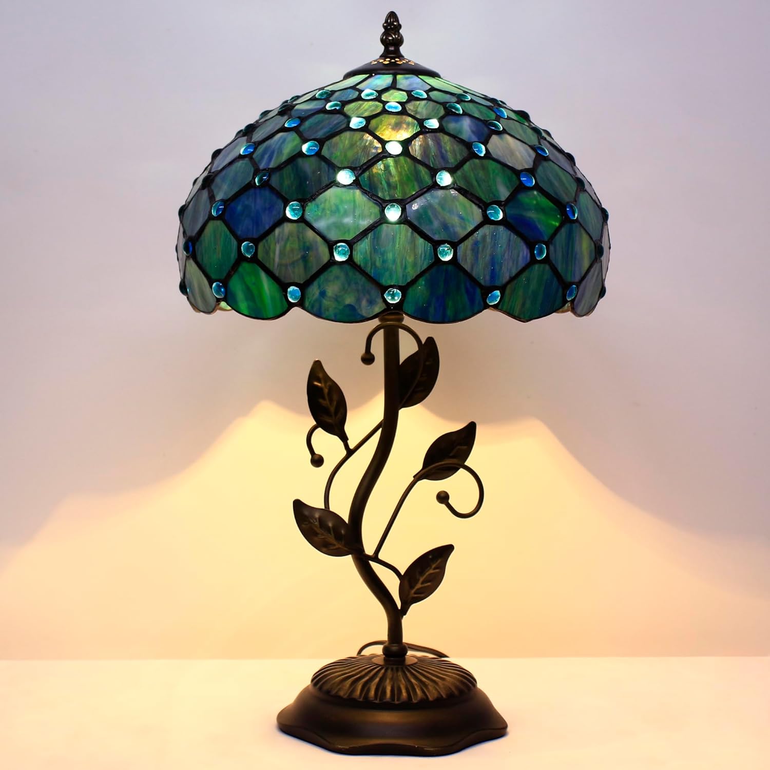 Tiffany Lamp Stained Glass Table Lamp 12X12X19 Inches Desk Reading Light (Sea Blue Pearl Style)