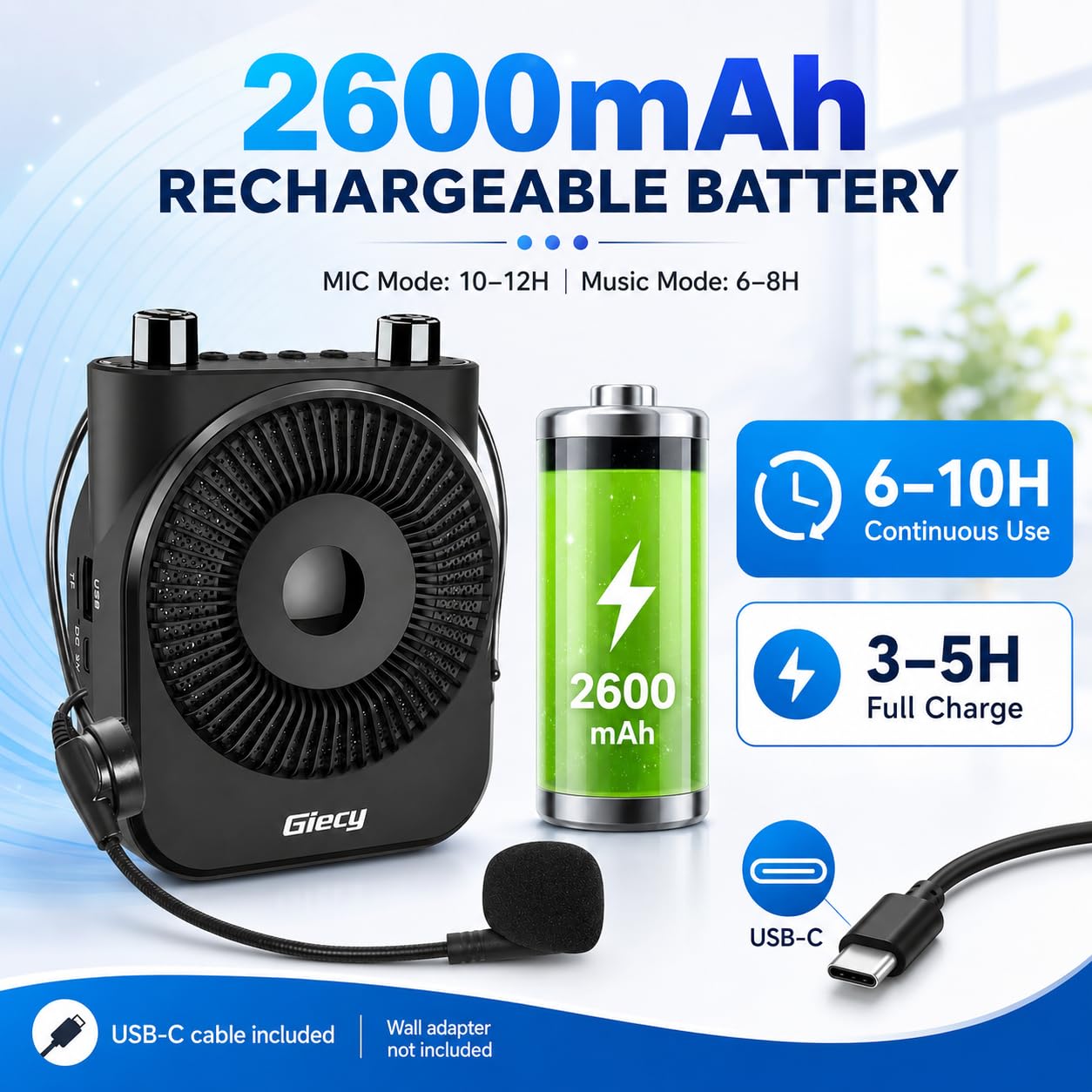 Amplificateur de Voix Portable avec Microphone, Batterie Rechargeable 2800mAh,système de sonorisation pour Enseignants, Guides touristiques, entraîneurs, instructeurs de Yoga