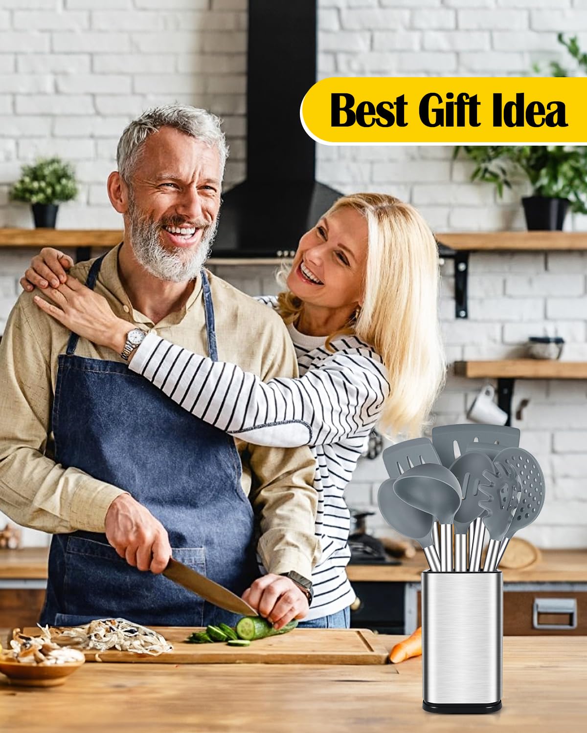 Set di 8 utensili da cucina in silicone, antiaderenti, con manico in acciaio inossidabile, senza BPA, resistenti al calore, con spatole, tornitori, cucchiai, schiumarola e forchetta per pasta (grigio)
