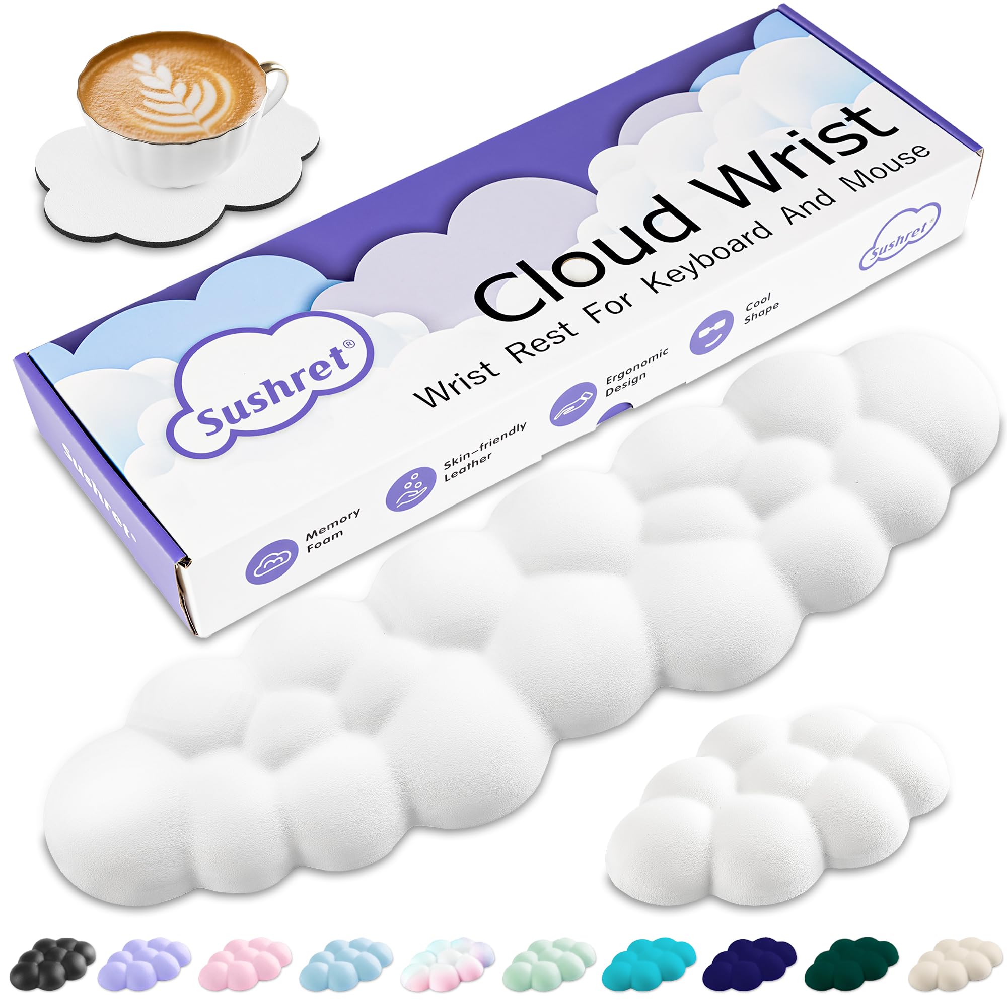 Cloud Wrist Rest Keyboard, Cloud Palm Rest Set with PU Leather Memory Foam, Cute Keyboard Rest for Wrist Support and Arm Rest, Desk Cloud Wrist Pad for PC/Gaming/Hand Cushion/Computer-White
