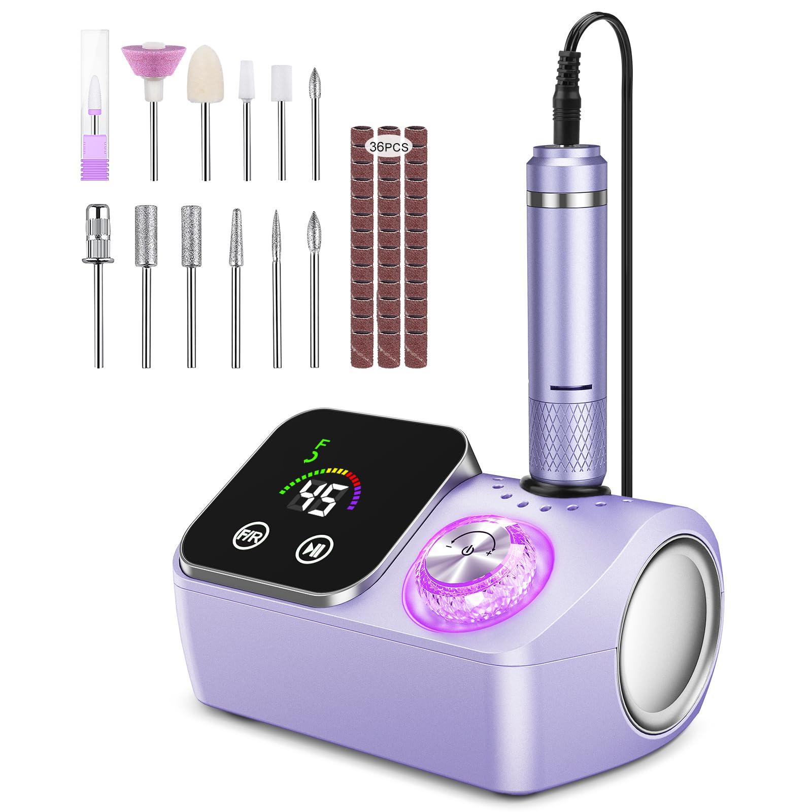Ponceuse pour Ongles Professionnelle 45000 RPM 36 W, Ponceuse Ongles Portable avec Écran LCD & Support et 11 Embouts,Lime à Ongle Electrique Silencieux, Conçu pour Les Salons (violet)