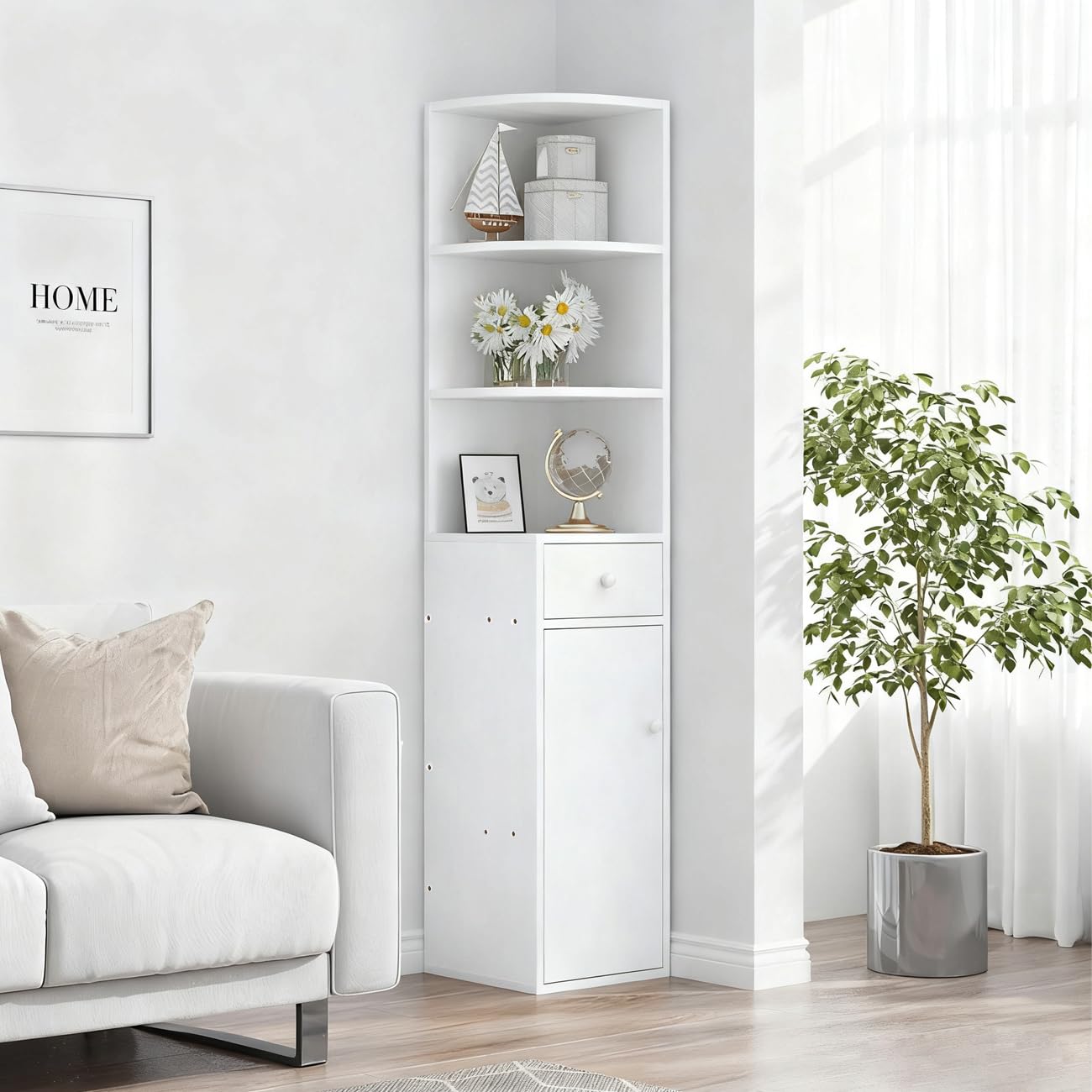BELIFEGLORY Corner Bookcase Cabinet, Free Standing Corner Bookshelf with 1 Drawer and 1 Door, Wooden Display Storage Cabinet for Bedroom Living Room, Home Office Shelving Organizer Unit (White)