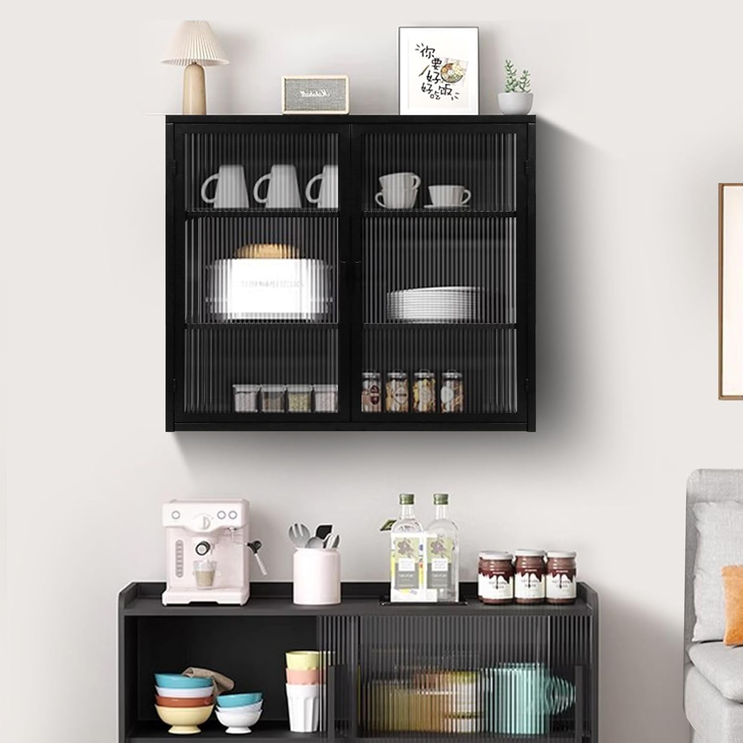 Modern Wall Cabinet with Glass Door Metal Storage Cabinet with Detachable Shelves for Entryway Living Room Bathroom Dining R