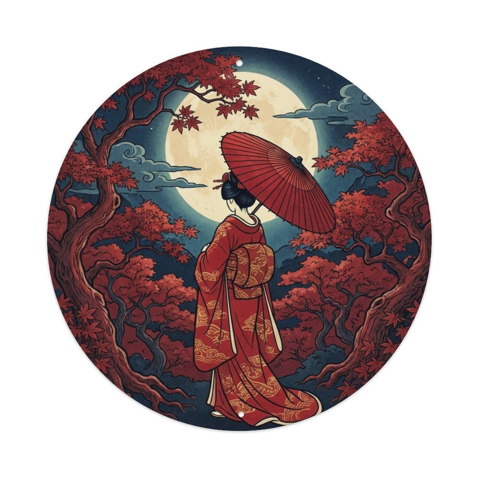 Metal Tin Sign Japanese Geisha Moonlit Maple Night Elegant Ukiyo-e