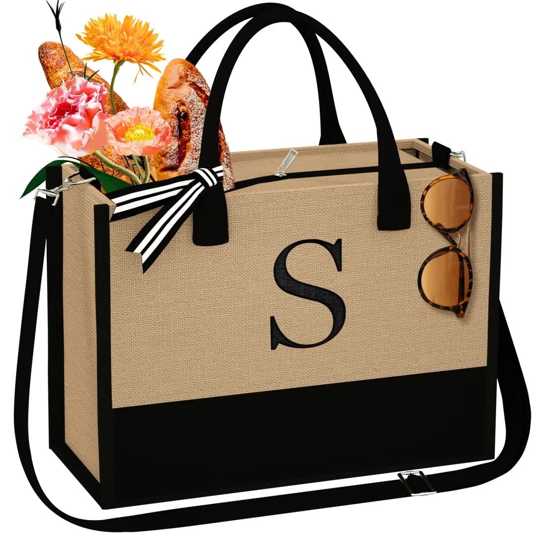 TOPEASTJute Initial Tote Bag Burlap Beach Bag Personalized Birthday Gifts for Women Teacher Mom Bridal Bridesmaid Gifts