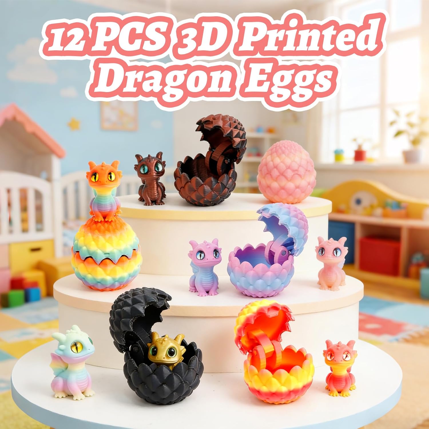 3D Printed Dragon Eggs with Hinges - 12 PCS, Mini Christmas Stocking Stuffers, Cute Graduation Birthday Gift, Collectibles for Adults&Teens, Fidget Animals, Desk Pets (Multicolor)
