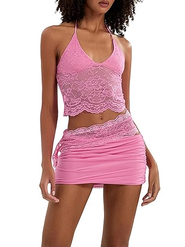 LYSINK Women's Y2k Summer Skirt Set Sheer Lace Halter Camisole Top Asymmetrical Ruched Mini Skirt Floral Embroidery 2pcs - A-Rose Red - L