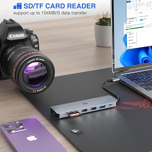 Miniatura 5 de TOTU Hub USB C, adaptador multipuerto USB 7 en 1 con HDMI 4K, 100 W PD, USB 3.0, 2 USB 2.0 y ranura SD/TF, compatible con portátiles tipo C