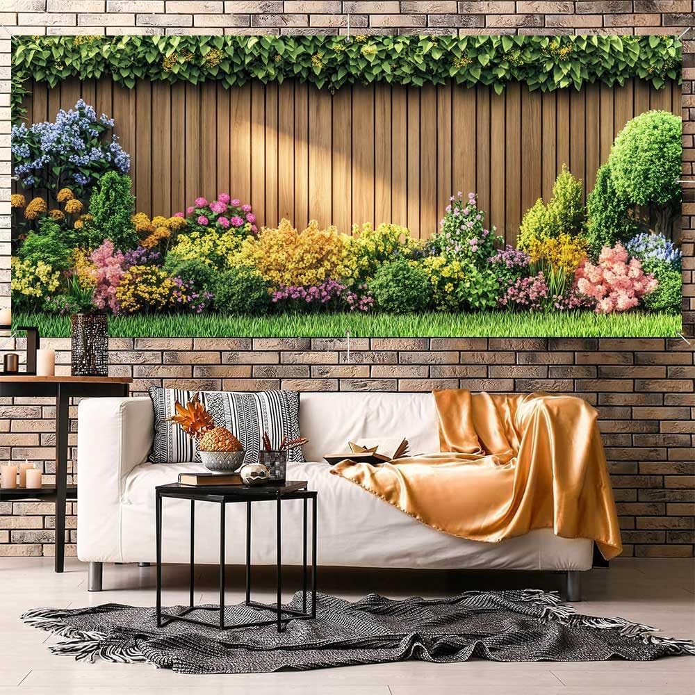 Floral Garden Forest Scenery Garage Door Banner, Vibrant Flowers Greenery & Trees Large Outdoor Garage Door Cover Decoration, Home Decor Photo Background
