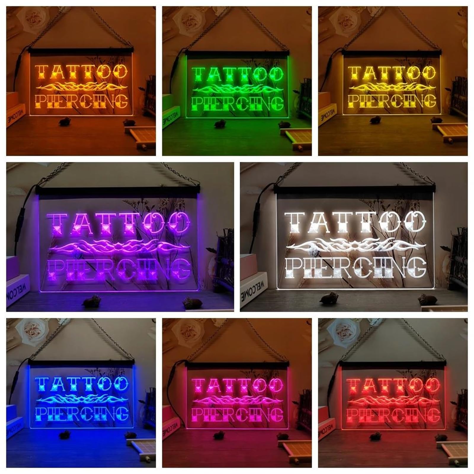 Tattoo Piercing Neonowy szyld ścienny – ściemniane neonowe światła LED RGB (sterowanie 24-przyciskowe, zasilanie USB), idealne na prezent do SPA, salonu tatuażu lub baru,30x20cm