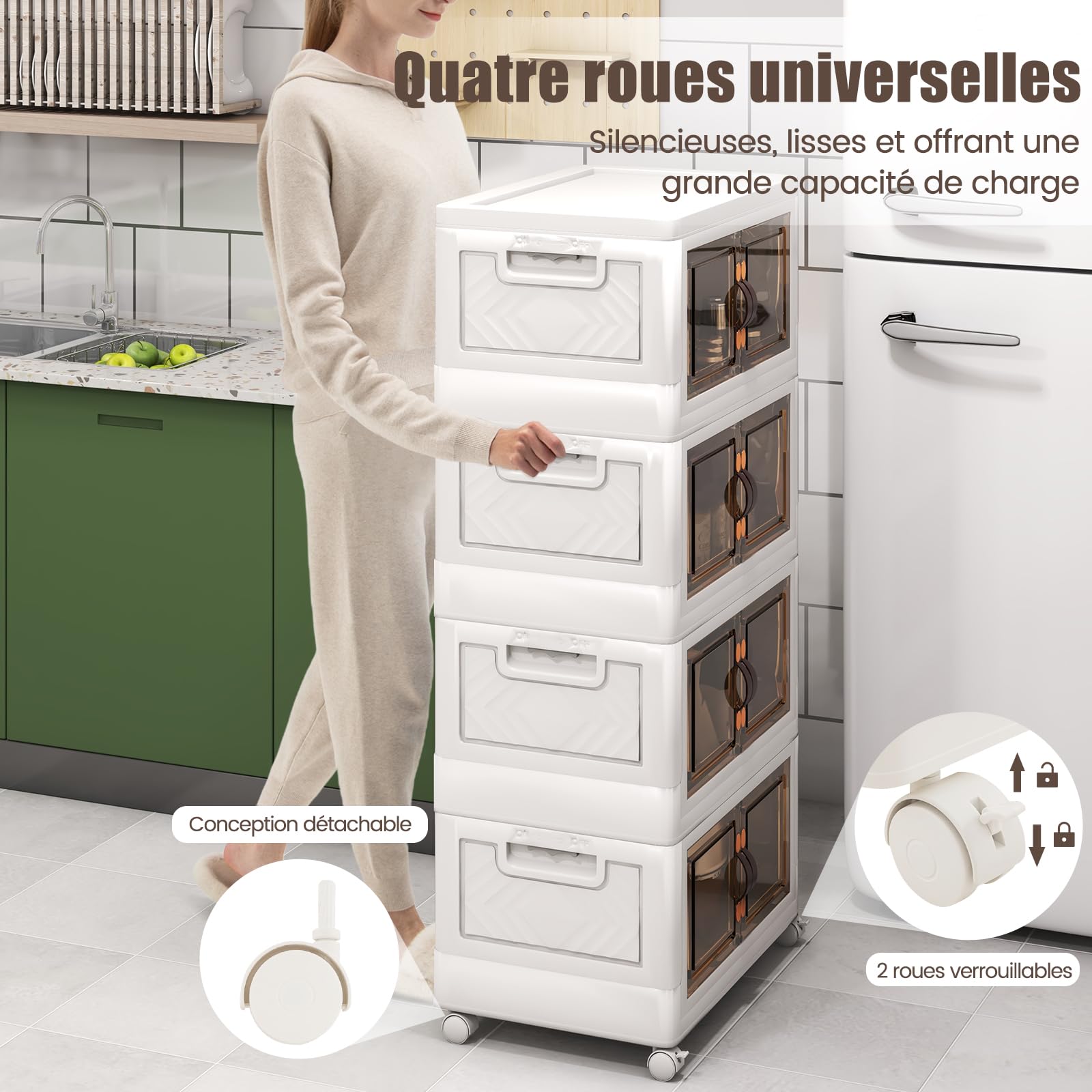 COSTWAY Boîte Rangement Plastique 165L, 4 Caisses Pliables + 1 Couvercle Supérieur, 4 Roulettes, Boite Empilable pour Vêtement, Livres, Jouets, Poignée, Porte Magnétique, Caisse pour Chambre
