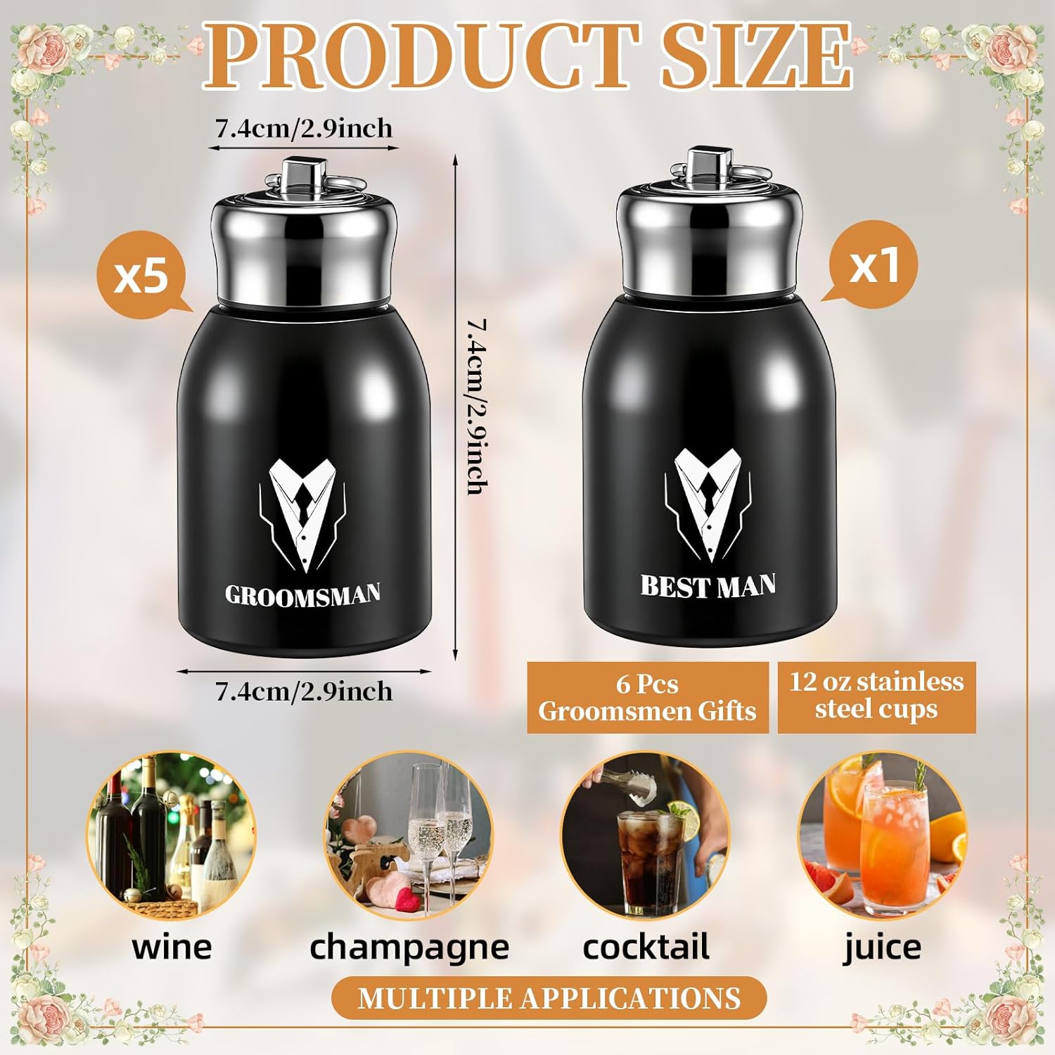 Potchen 6 Pcs Wedding Groomsmen Proposal Gifts 10 oz Stainless Steel Wine Bottle Black Stemless Shot Glass Set Double Solid Stainless Steel Cups for for Wedding Bachelor Party Favors