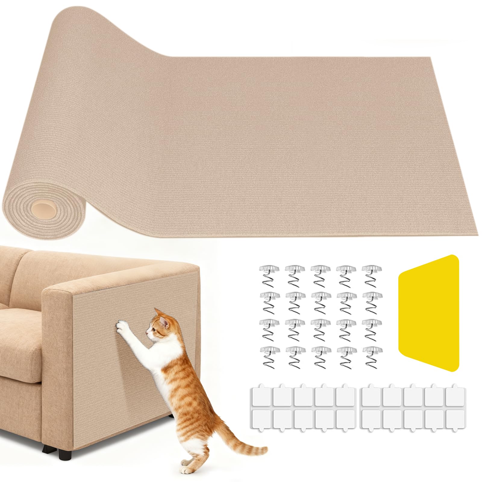 Litrue Thickened Cat Scratching Mat 60 x 200cm Self-Adhesive Anti Scratch Furniture Matt for Cats DIY Cuttable Climbing Pad Scratcher Protector for Wall, Sofa, Floor, Chairs, Carpet (Khaki)