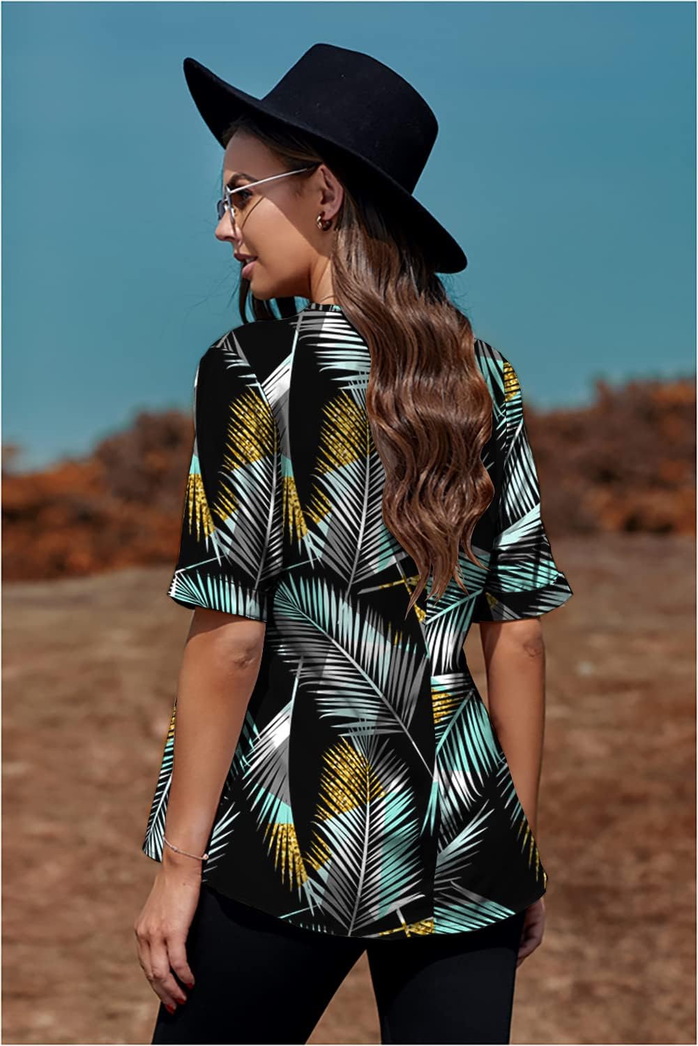 Necooer Womens Floral Printed V Neck Chiffon Shirt Striped Half Sleeve Blouses Top (Small,X-Green) - Image 3