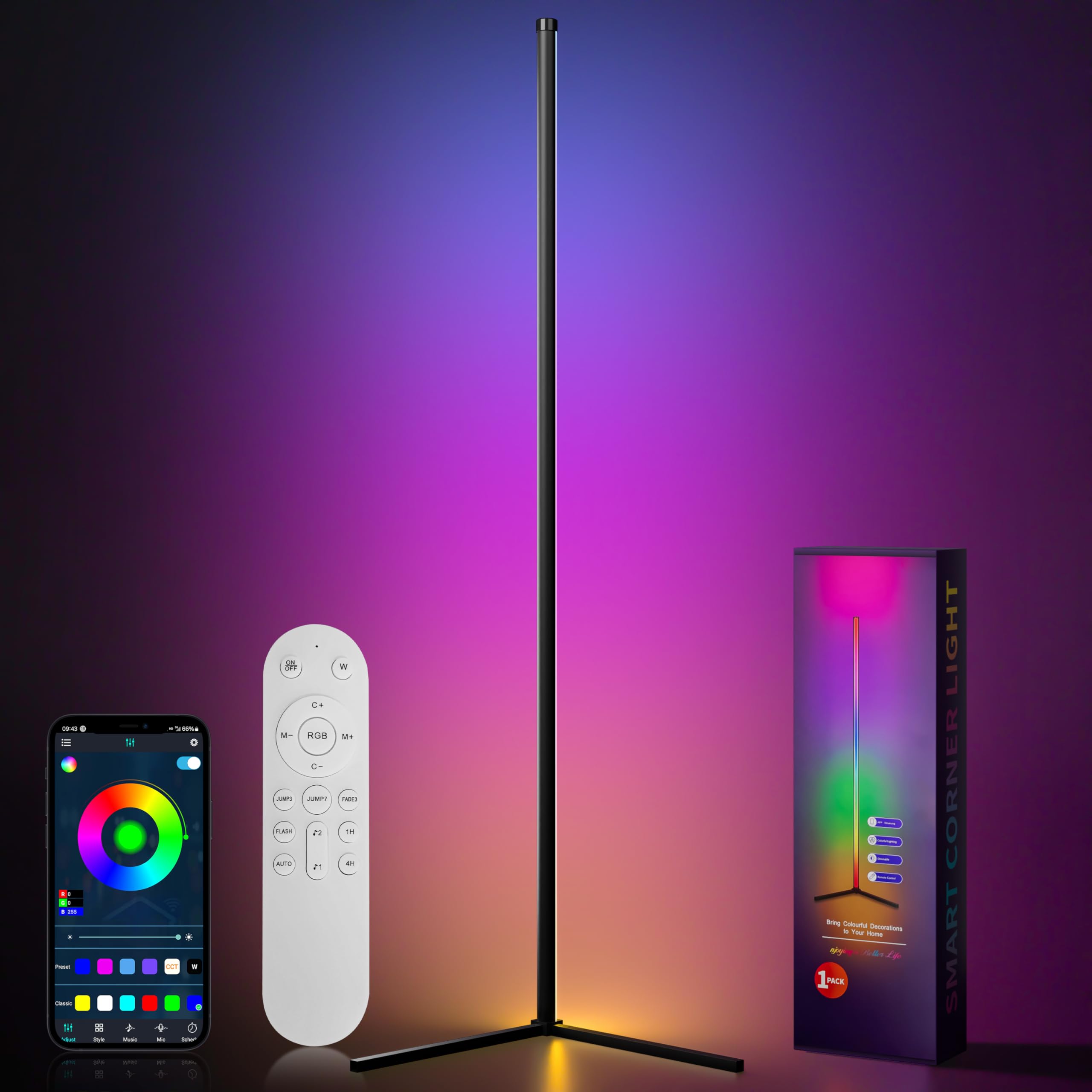 Aurevita LED Floor Lamp, 159cm RGB IC Dimmable Floor Lamp with Remote Control and APP, 16 Million Colors, Music Sync and Timer, DIY Mode LED Floor Lamp
