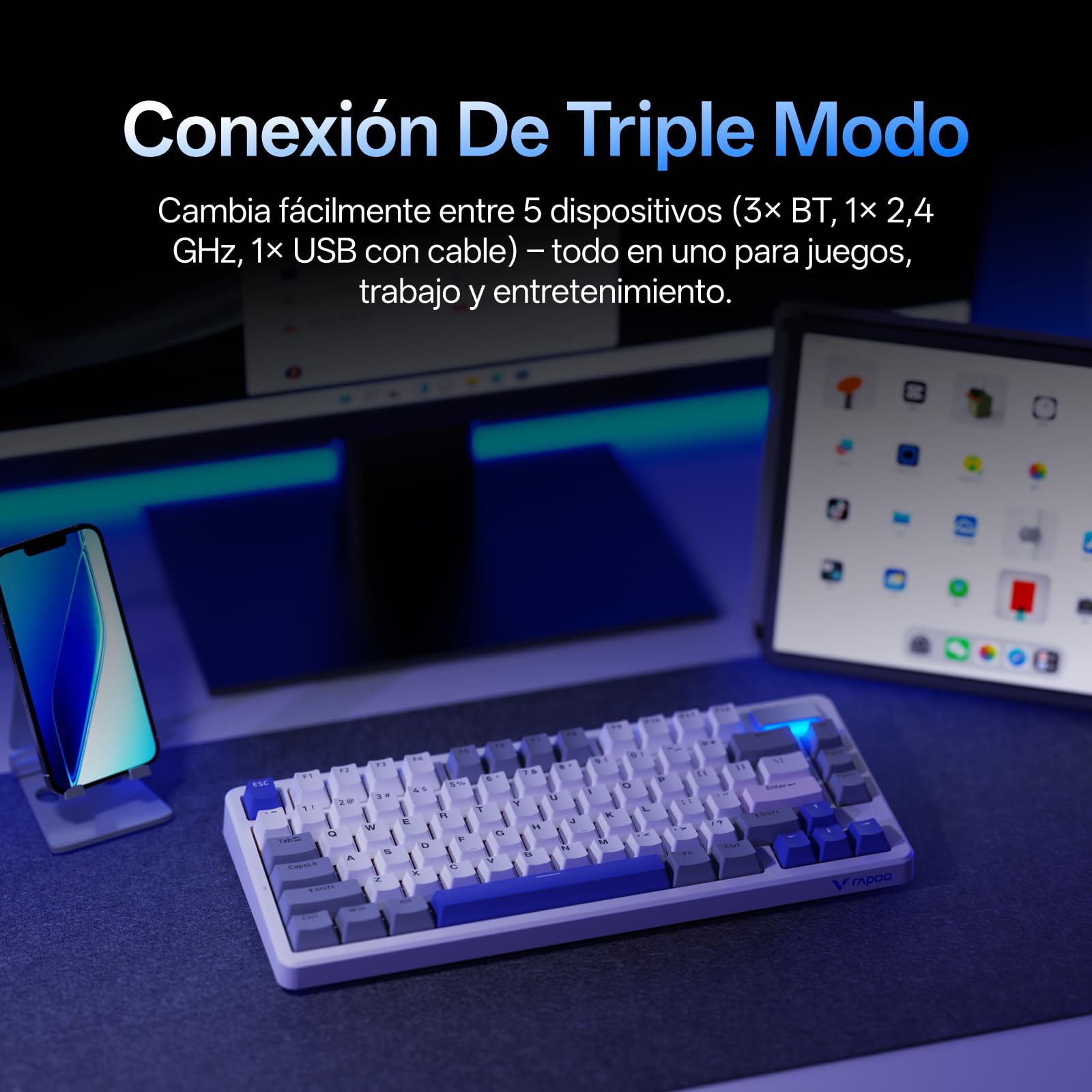 Rapoo V700DIY-75 Teclado Mecánico Inalámbrico Gaming, BT5.0/2.4GHz/Cableado, Personalizado Hot-Swappable, Interruptor Lineal Speed Silver, 16.8M RGB por Tecla, Montaje Gasket, Anti-Ghosting NKRO - 2