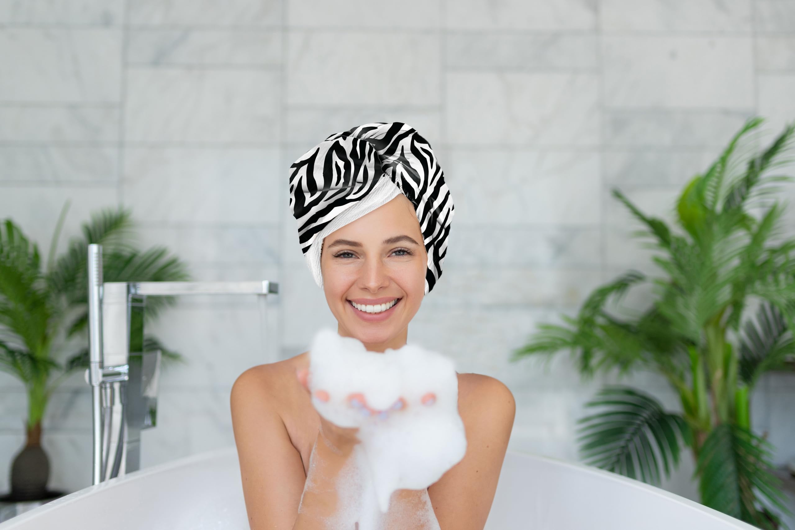 2-in-1 Shower Cap & Hair Towel Wrap for Women - Lightweight Towel Wrap with Elastic Loop for hair Drying & Conditioning - Ideal for All Hair Types, Comfortable & Easy to Use (Zebra)